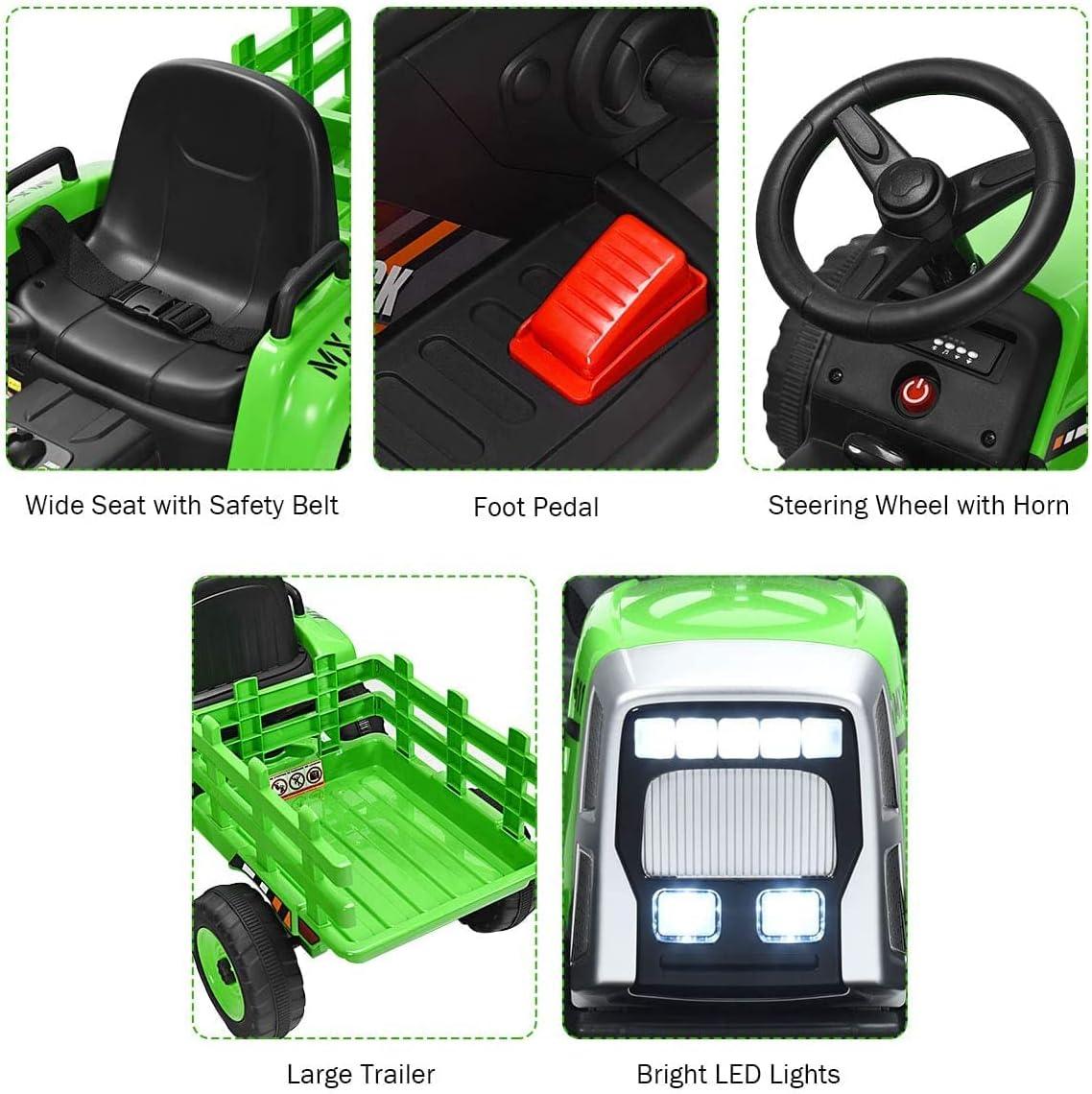 Green 12V Kids Ride-On Tractor with Trailer and Remote Control