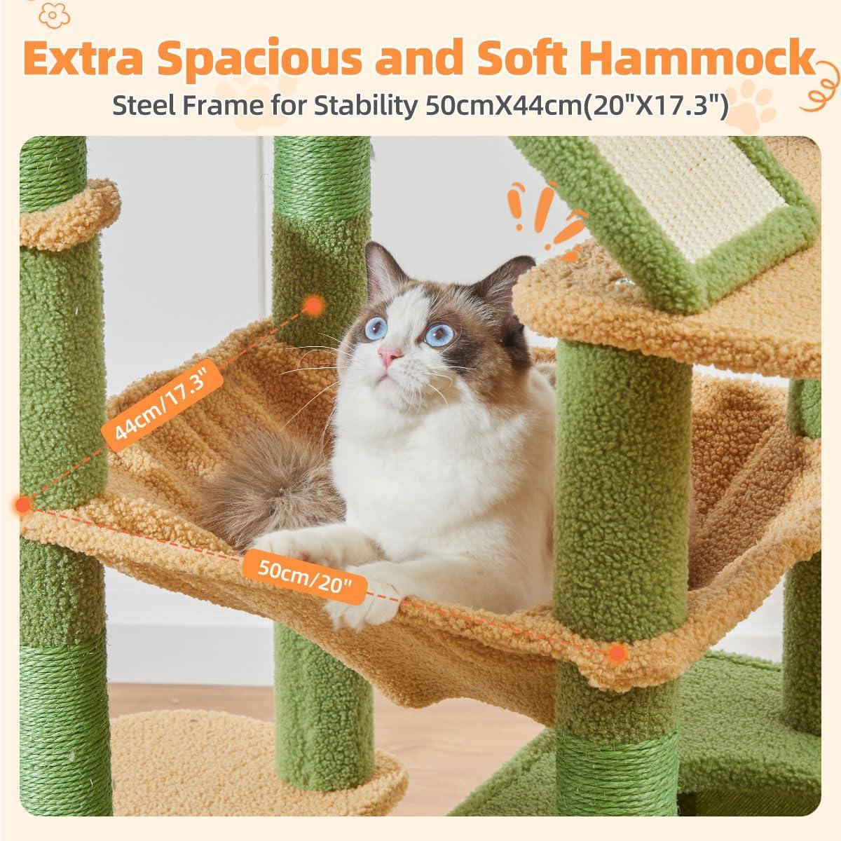 71-Inch Large Cat Tree For Large Cats Plush Multi-Level Cat Condo With 8 Scratching Posts 2 Perches Cave Hammock 2 Pompoms Scratch Board