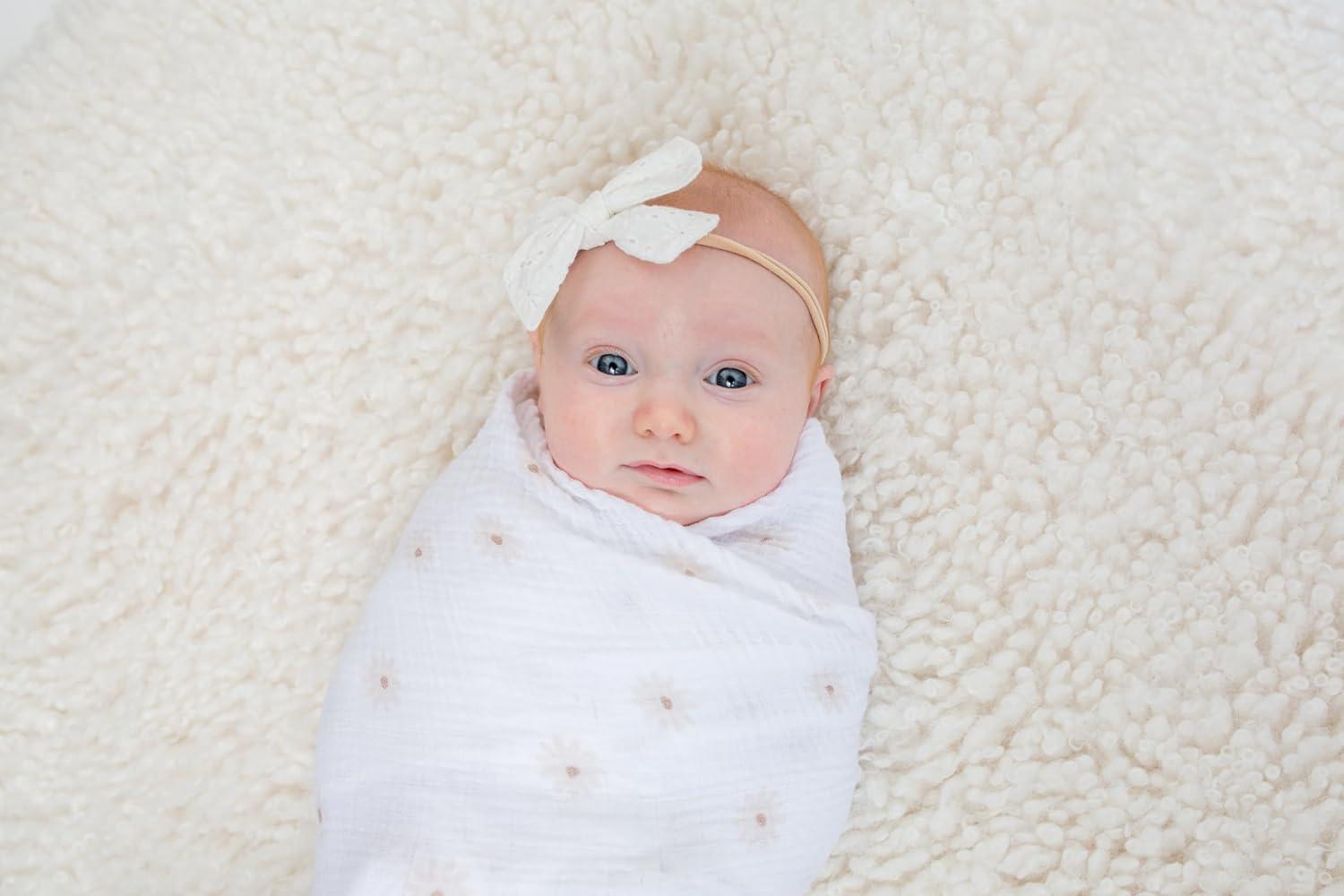 Lulujo Baby Swaddle Blankets | Unisex Softest Breathable Cotton Muslin Swaddle Blanket Set | Neutral Receiving Blanket for Girls & Boys | 40in x 40in | Daisies & Greenery | 2-Count