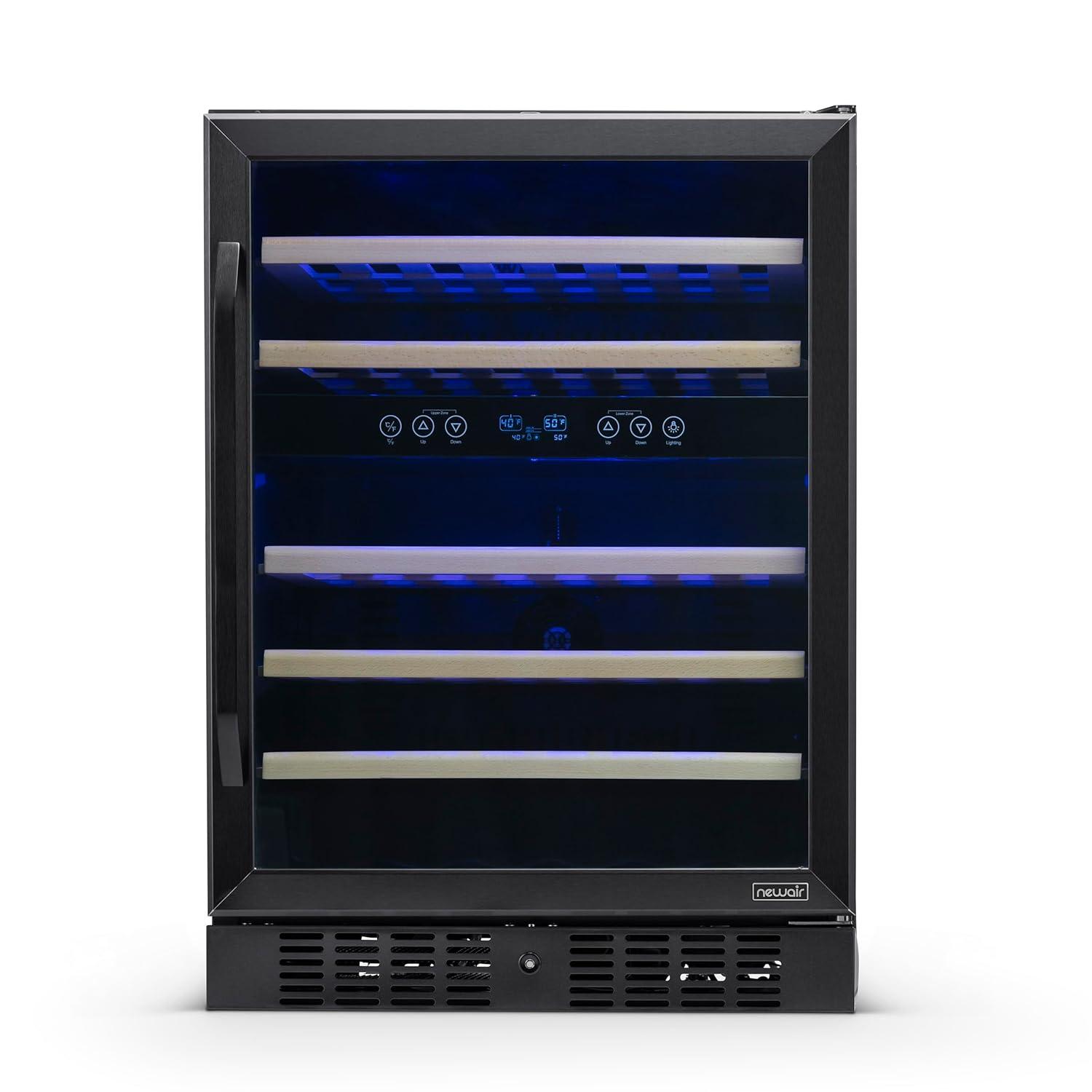 Newair 24” Built-in 46 Bottle Dual Zone Wine Cooler with Removable Beechwood Shelves in Black Stainless Steel