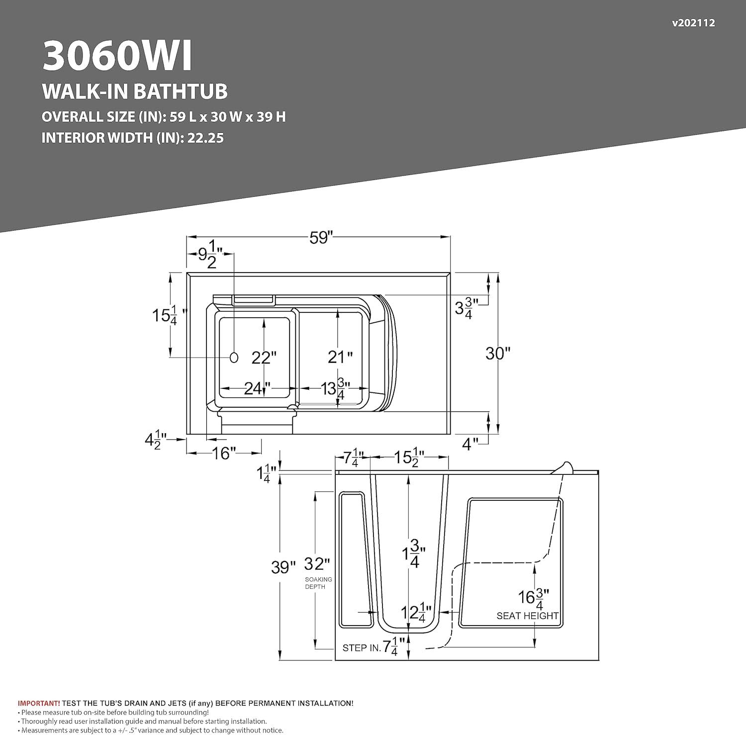 White Rectangular Fiberglass Walk-In Whirlpool & Air Tub