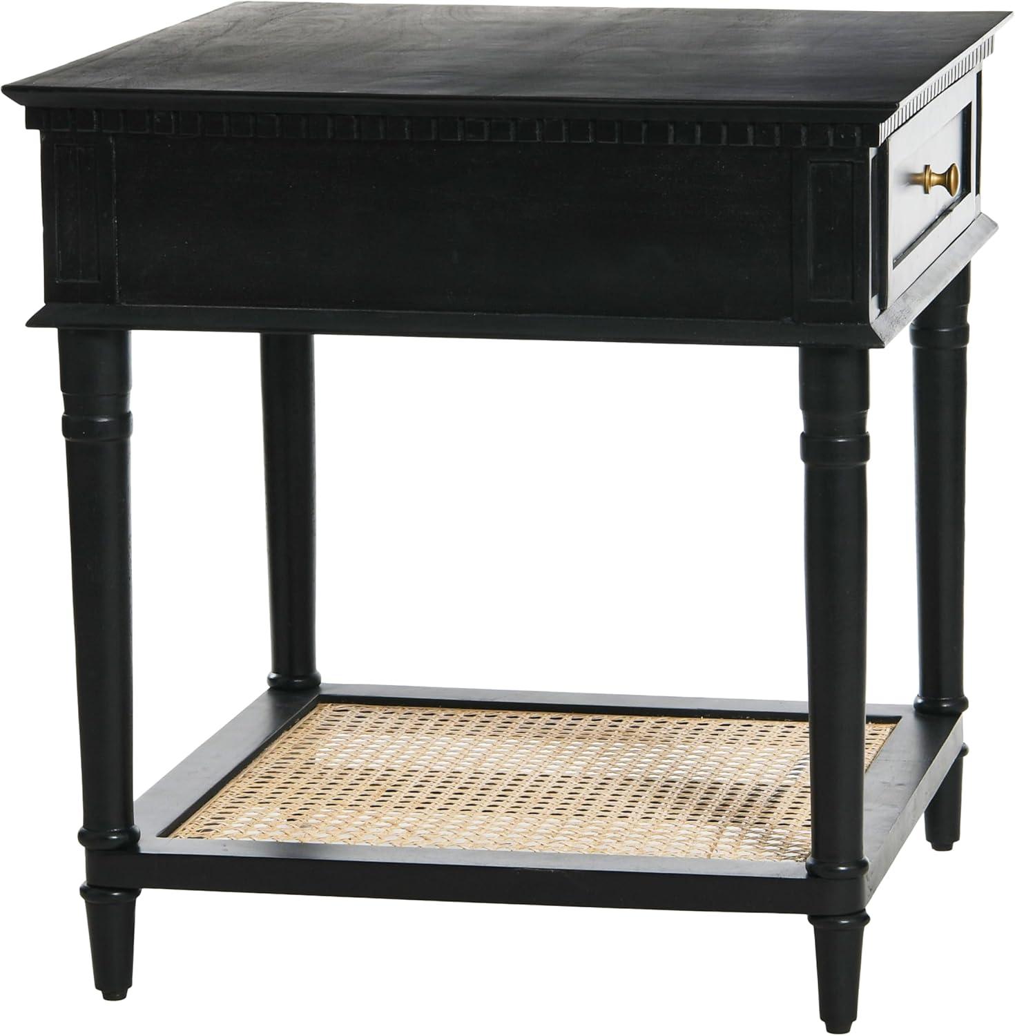 Storied Home Maxwelton End Table Black: Elegant Square Nightstand with Storage Drawer & Cane Shelf