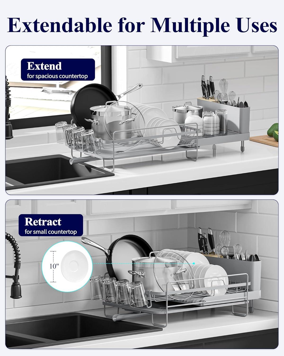 Kitsure Large Dish Drying Rack - Extendable Dish Rack, Multifunctional Dish Rack for Kitchen Counter, Anti-Rust Dish Drainers with Cutlery & Cup Holders 19.2"-26.7" L x 12.9" W, Grey