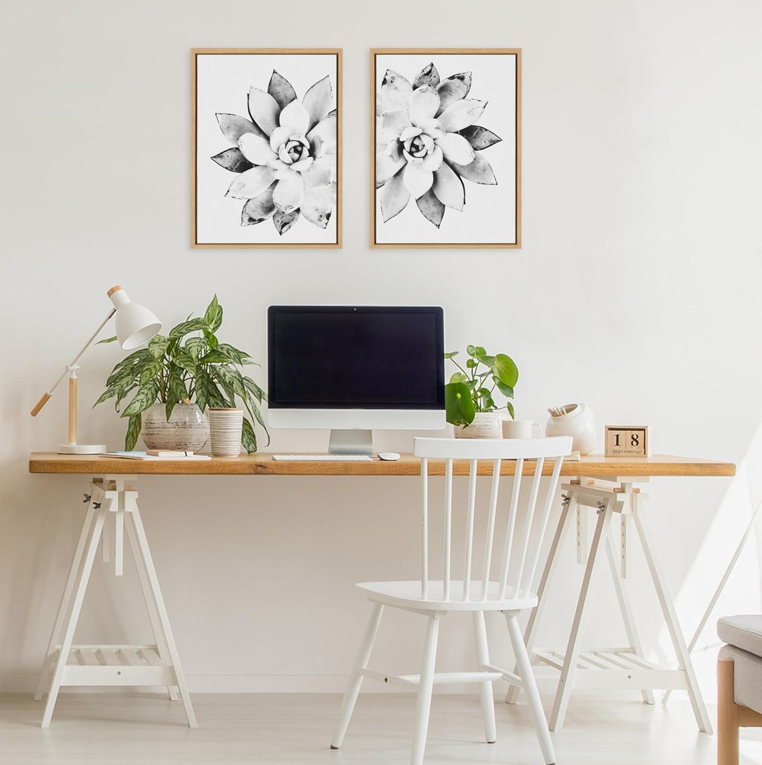 Modern Succulent Black and White Canvas Print with Natural Frame