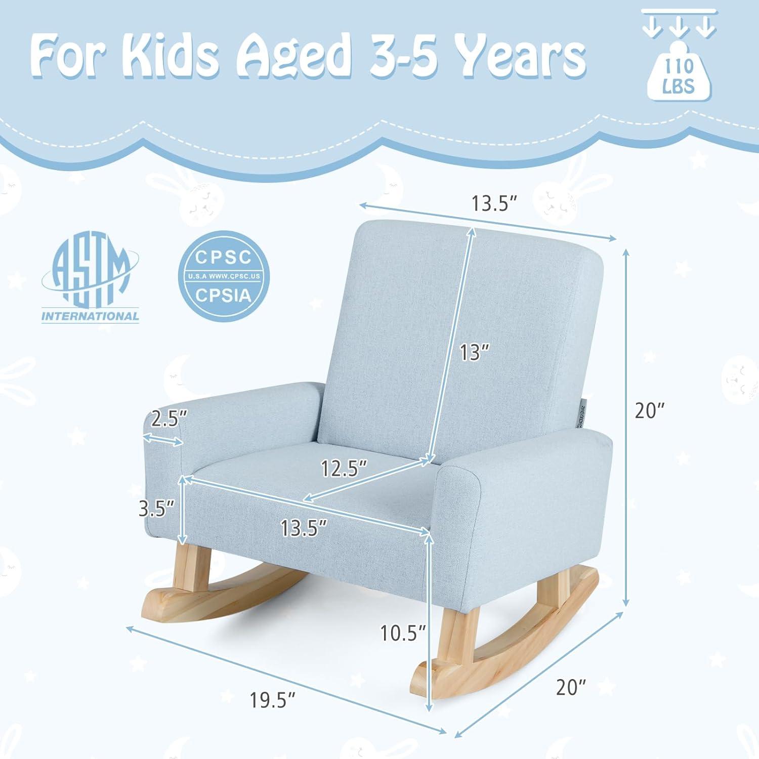 Gymax Kids Rocking Chair Children Armchair Linen Upholstered Sofa w/ Solid Wood Legs Blue