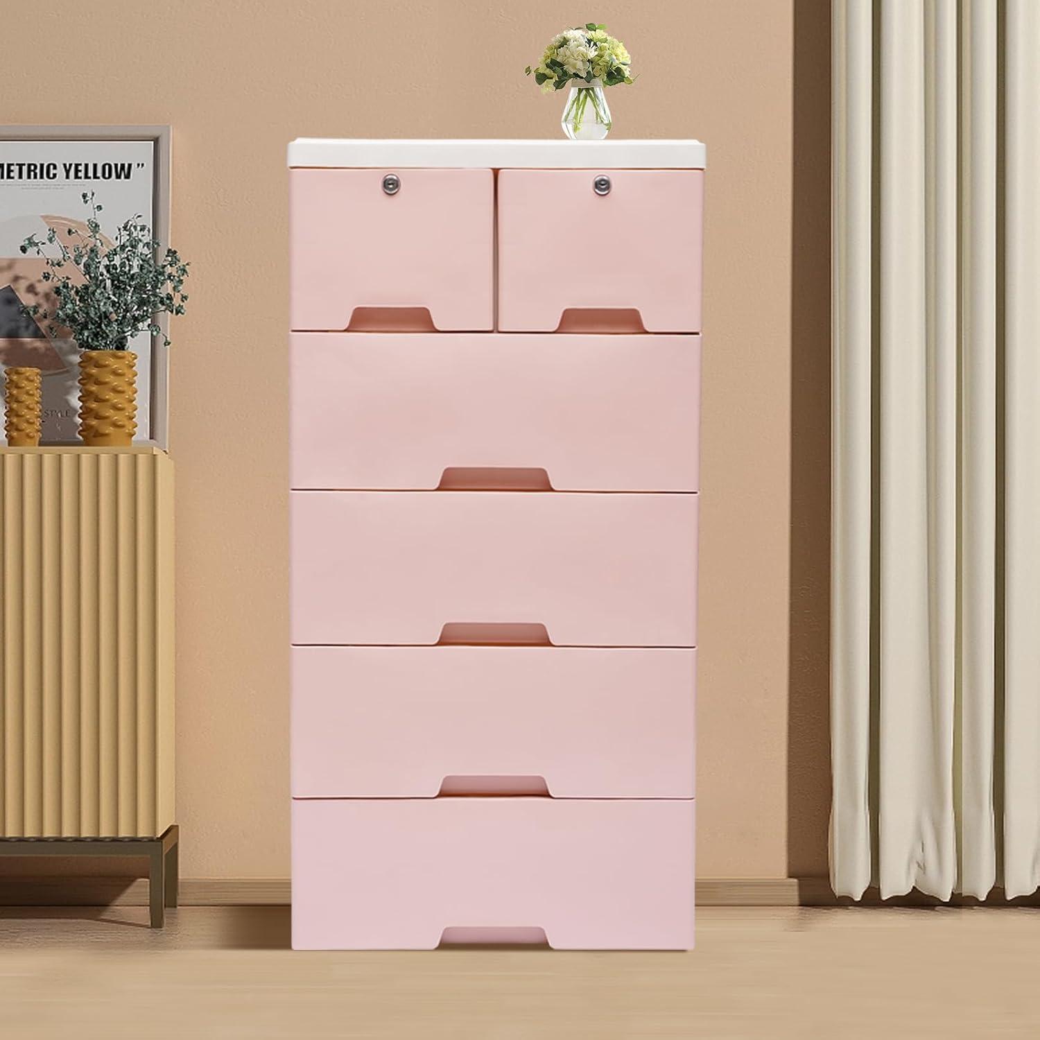 Pink 6-Drawer Plastic Storage Cabinet with Lock and Casters