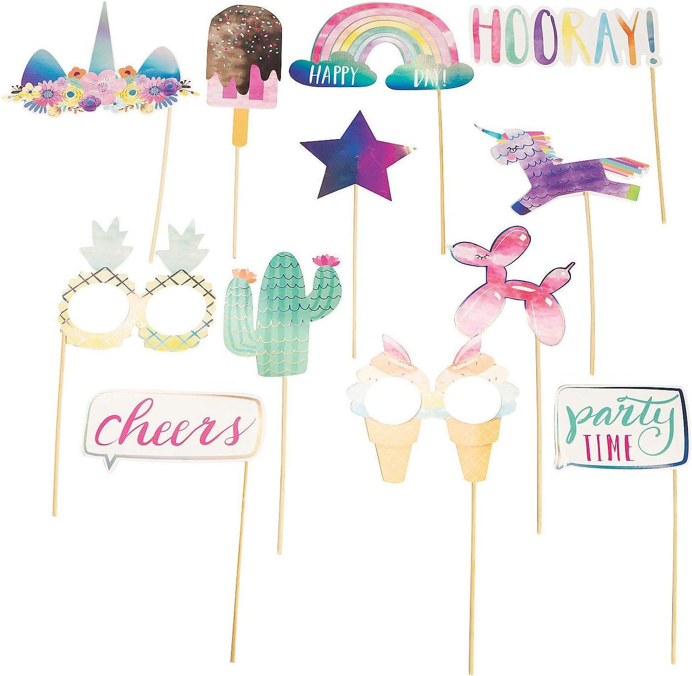 Colorful Birthday Photo Booth Props with Wooden Sticks, Set of 12