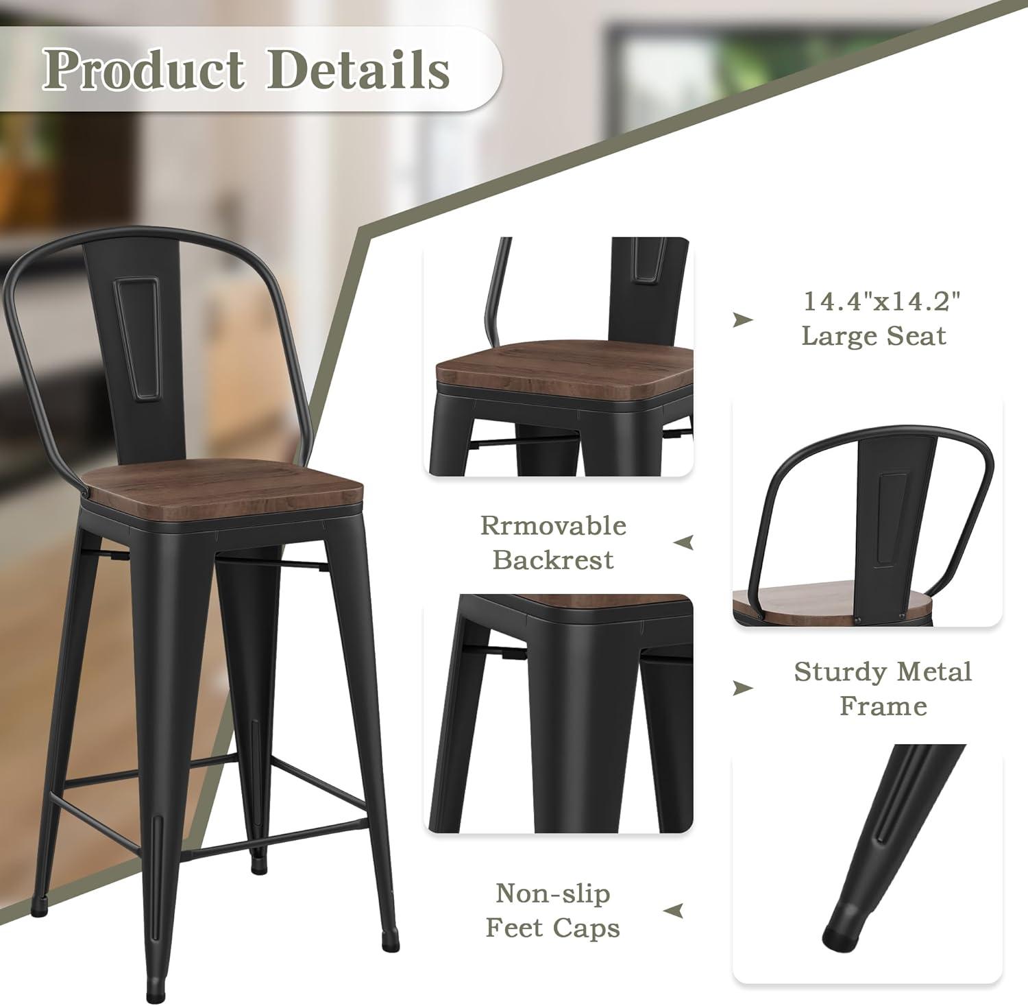 Alunaune 26" Swivel Metal Bar Stools Set of 4 High Back Counter Height Barstools Industrial Dining Bar Chairs with Large Wooden Seat-Matte Black