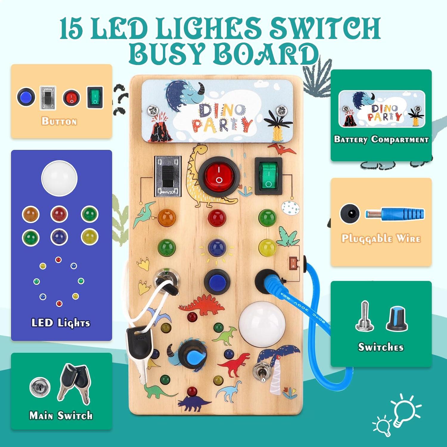 Montessori Wooden Busy Board with 8 LED Light switches, Sensory Toys Light Switch Travel Toys for 1+ Year Old Baby and Toddler