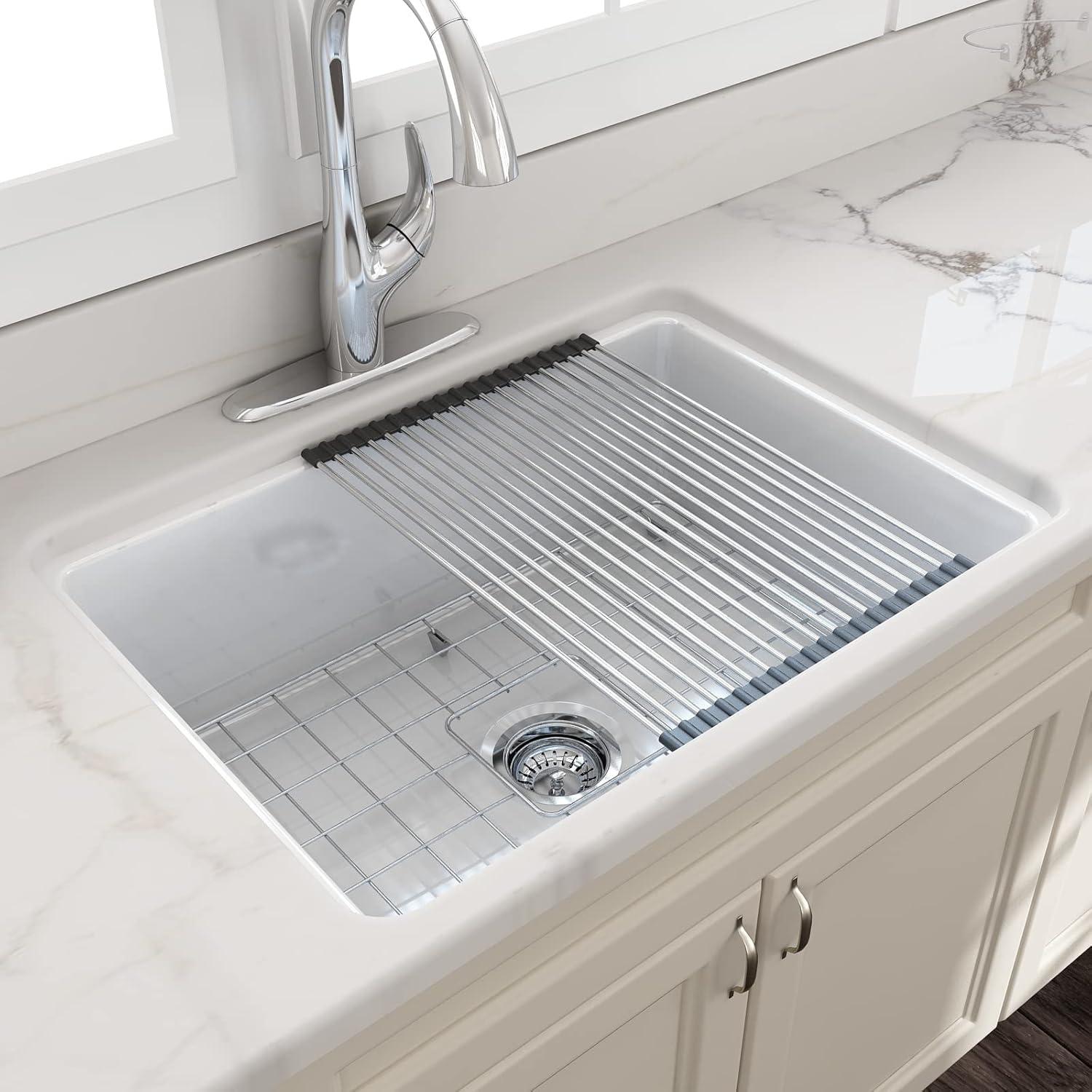 Glossy White Fireclay Farmhouse Drop-In Single Bowl Sink Kit