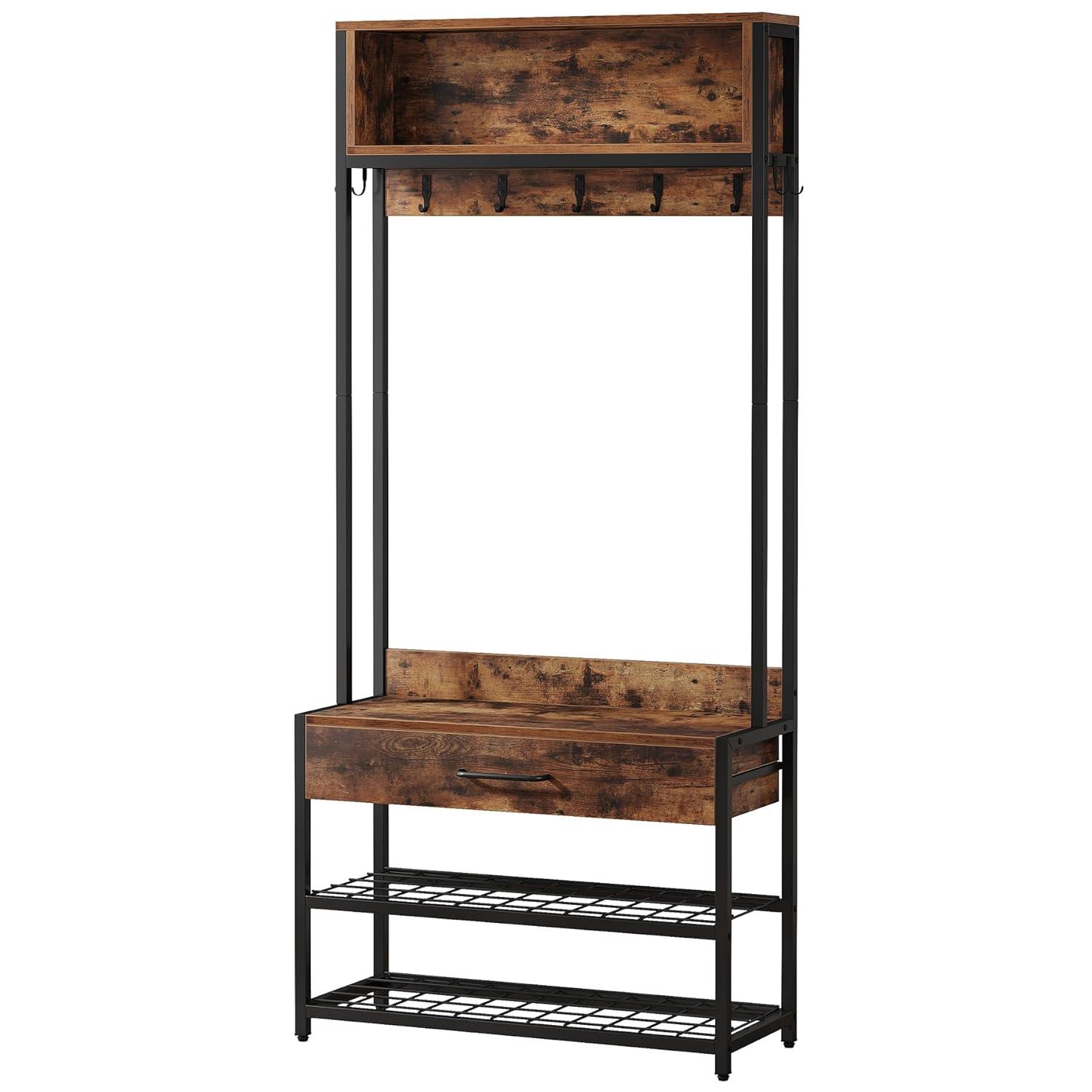 Tribesigns 3-in-1 Entryway Hall Tree with Drawer, Vintage Industrial Coat Rack with Shoe Storage Rack and Hutch for Living Room Bedroom