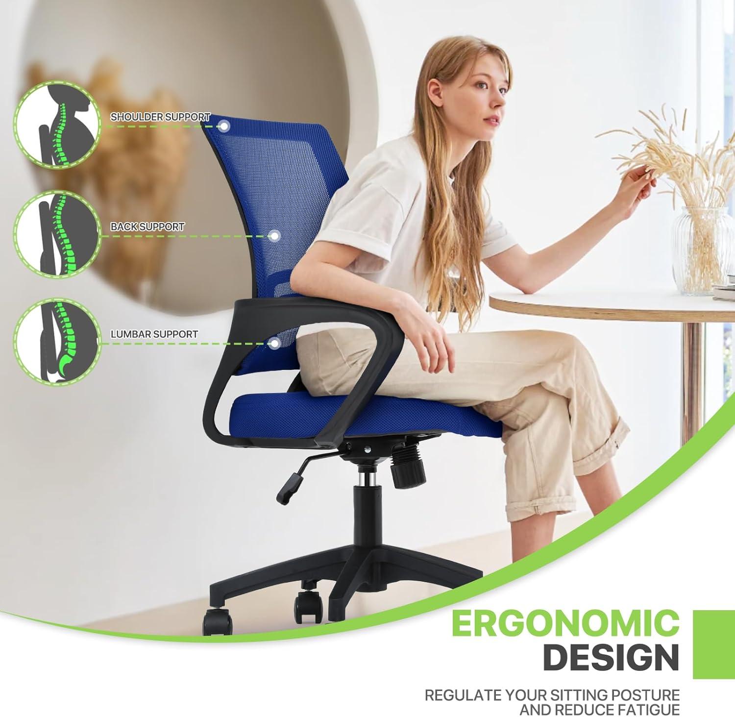 Magshion Set of 2 Office Chairs Mid Back Swivel Desk Chairs, Height Adjustable Ergonomic Mesh Computer Chairs with Armrest & Lumbar Support, Navy Blue