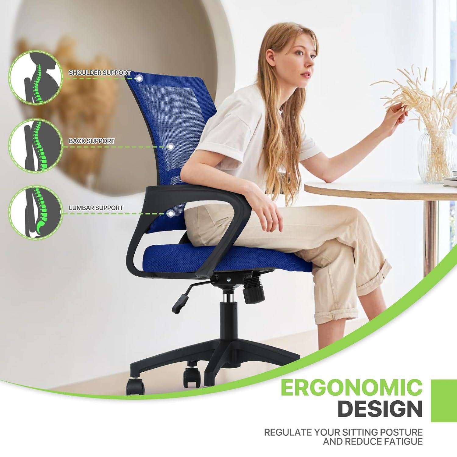 Magshion Set of 2 Office Chairs Mid Back Swivel Desk Chairs, Height Adjustable Ergonomic Mesh Computer Chairs with Armrest & Lumbar Support, Navy Blue