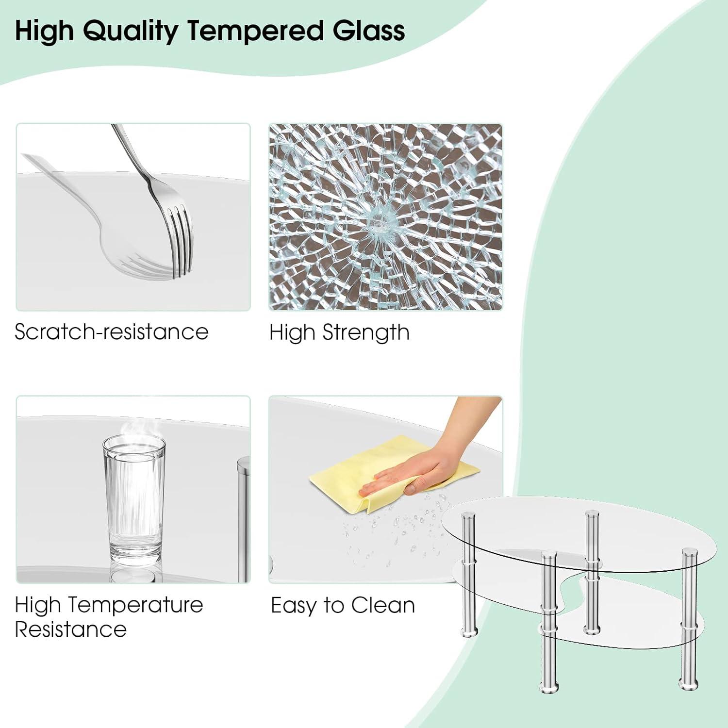 Costway Tempered Glass Oval Side Coffee Table Shelf Chrome Base Living Room Black