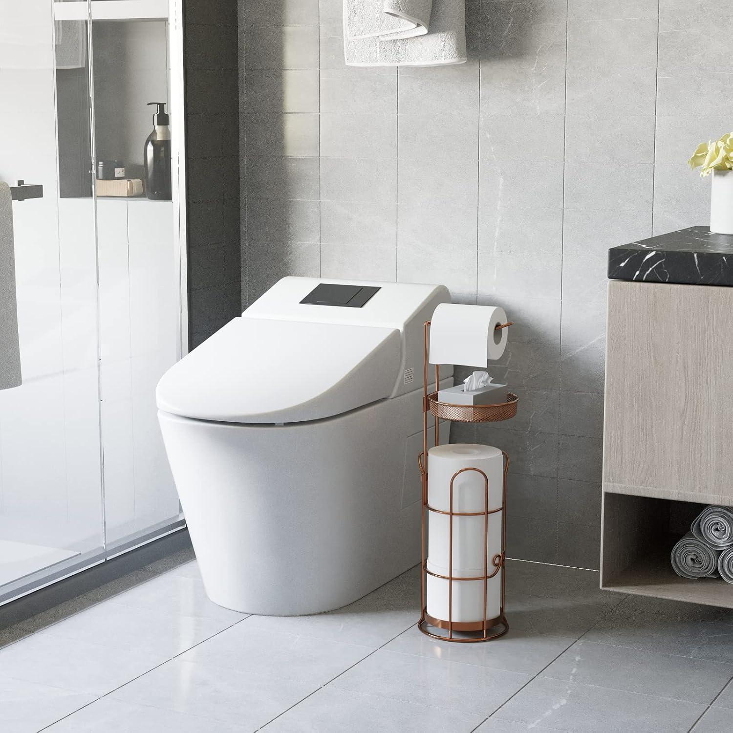 Toilet Paper Holder Stand with Shelf, Freestanding Toilet Tissue Roll Holder with Dispenser for Bathroom Storage Holds 4 Rolls - Brown