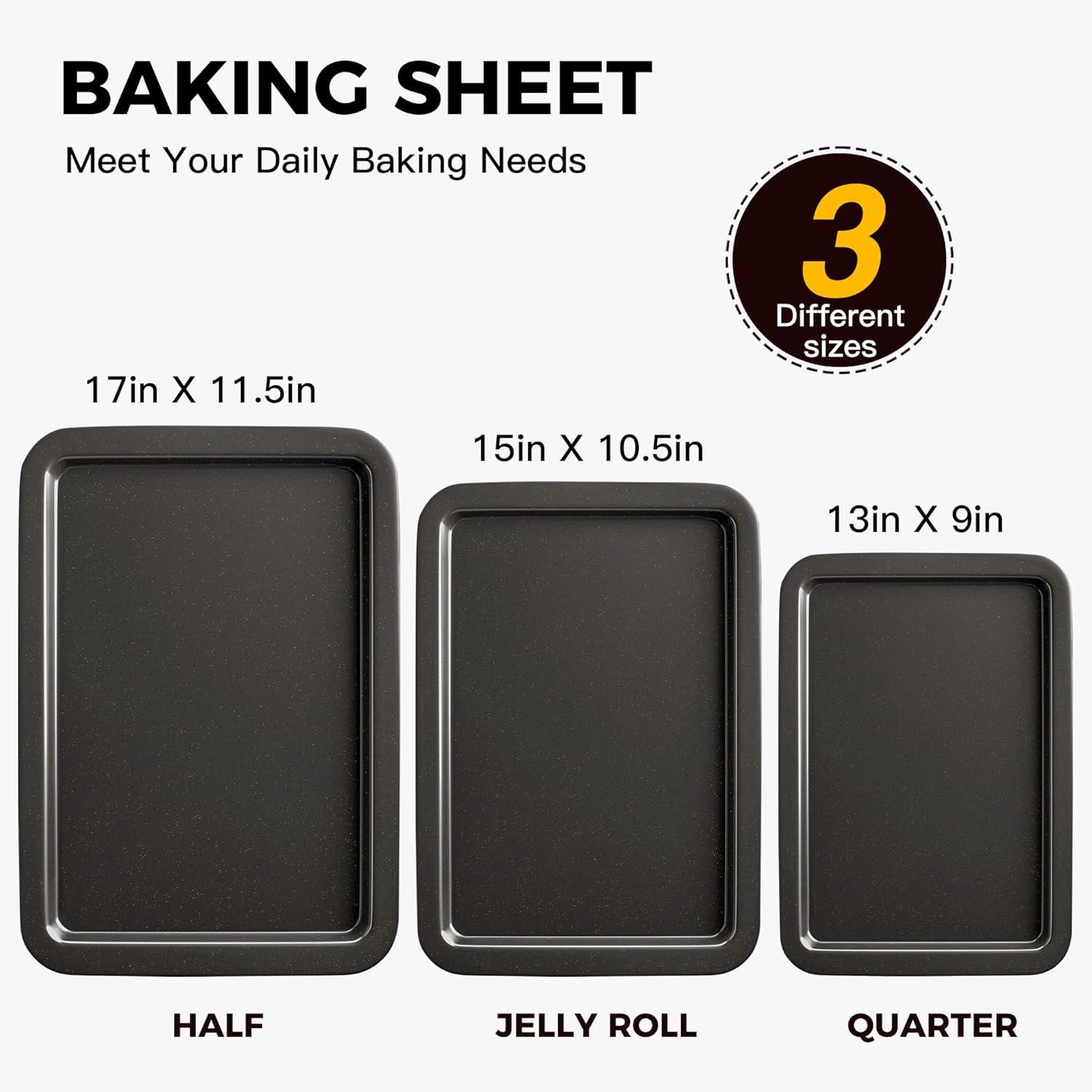 APPENIN WINTER PARK CORP Baking Sheet Pan Set, Cookie Sheet For Oven, Nonstick Bakeware Sets With Wider Grips, 3 Pack Half/Jelly Roll/Quarter Baking Tray, Premium, Dishwasher Safe - Dark Grey