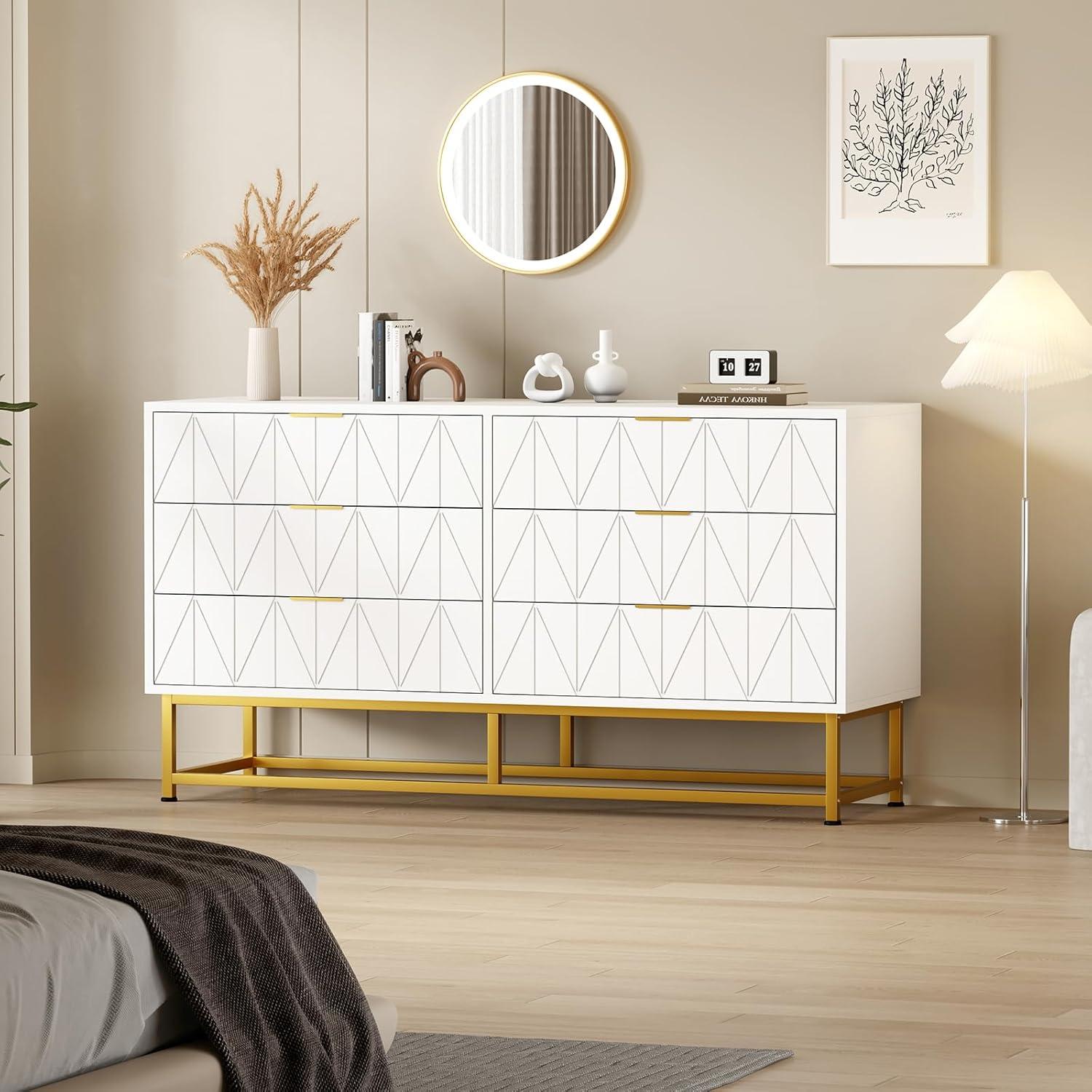Towallmark Dresser for Bedroom, 6 Drawer Dresser with Metal Legs, Wood Dresser Chest Organizer with Wide Storage, Modern Chest of Drawers for Bedroom, Living Room, Hallway，White