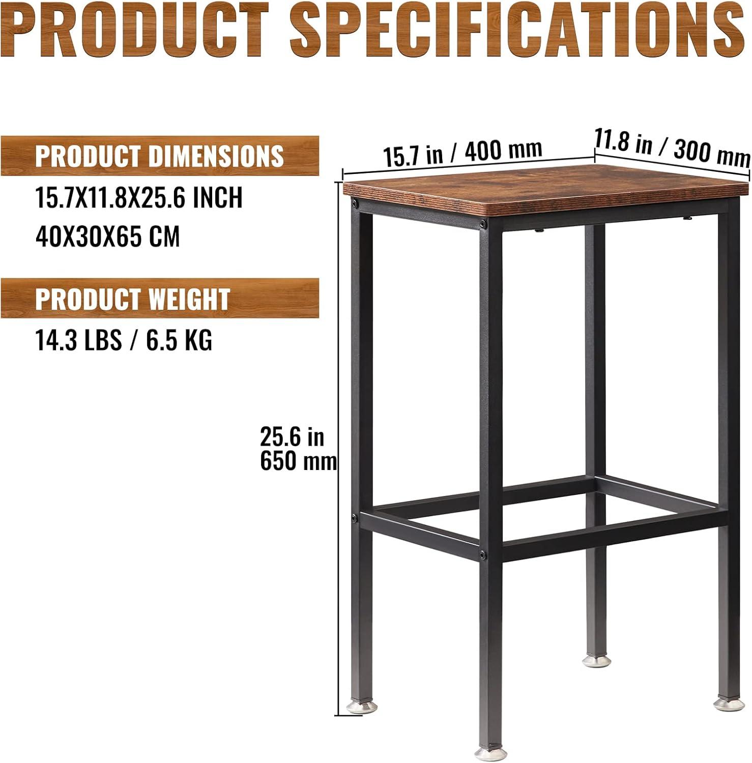 VEVOR Rustic Bar Stools, 25.6” Tall Rectangle Seat, Set of 2 Bar Chairs with Footrest Steel Frame Adjustable Feet, Wooden Industrial Kitchen Stool for Kitchen Dining Living Room, Rustic Brown