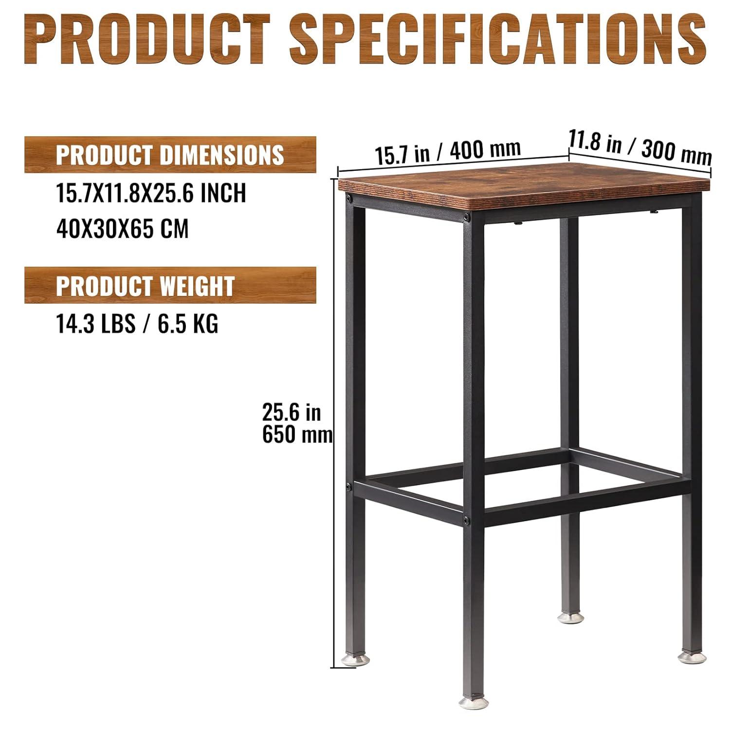 VEVOR Rustic Bar Stools, 25.6” Tall Rectangle Seat, Set of 2 Bar Chairs with Footrest Steel Frame Adjustable Feet, Wooden Industrial Kitchen Stool for Kitchen Dining Living Room, Rustic Brown