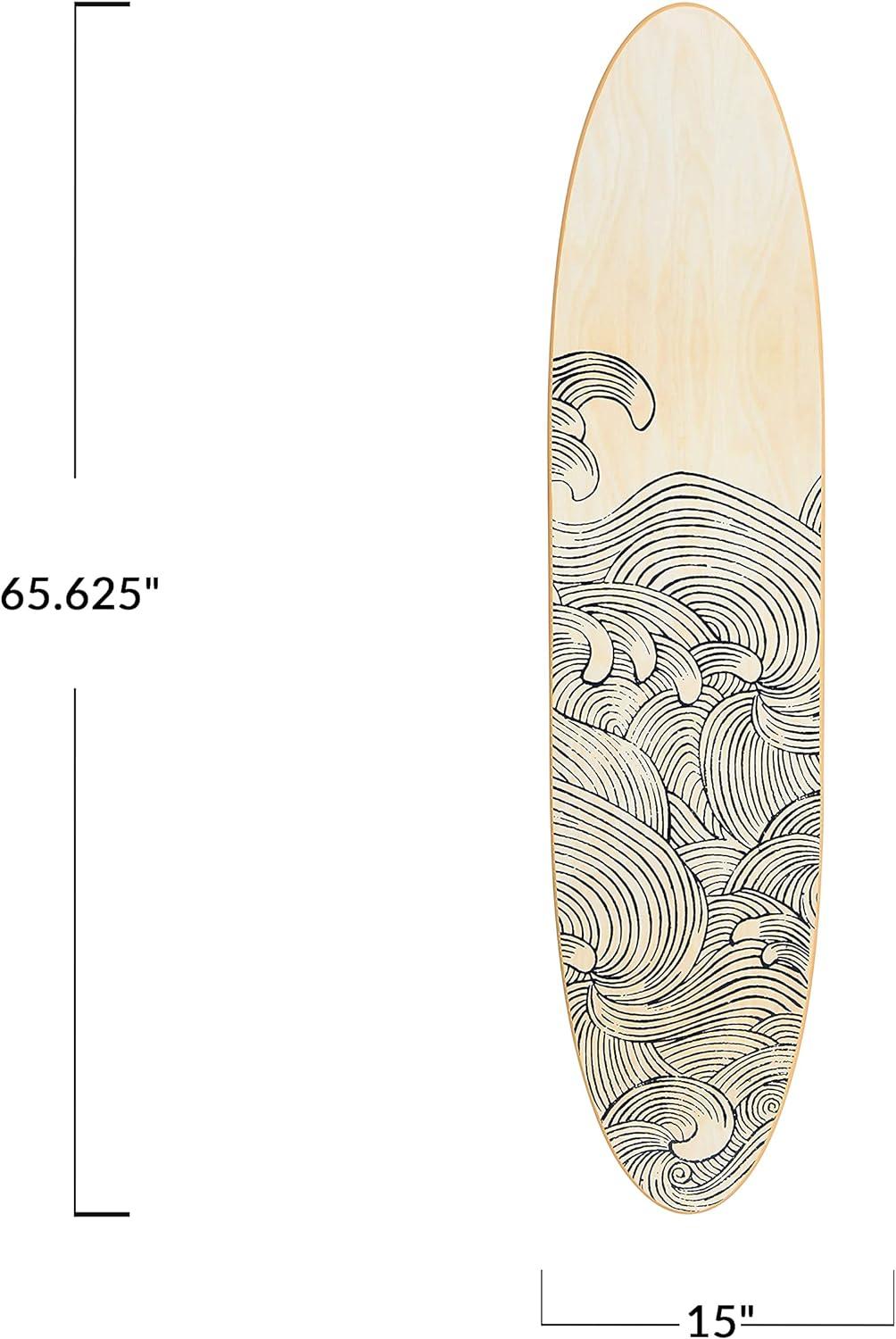 Storied Home Lacquered Wood Surfboard Wall Decor with Waves Hangs Vertical or Horizontal: Matte Finish, Abstract Pattern
