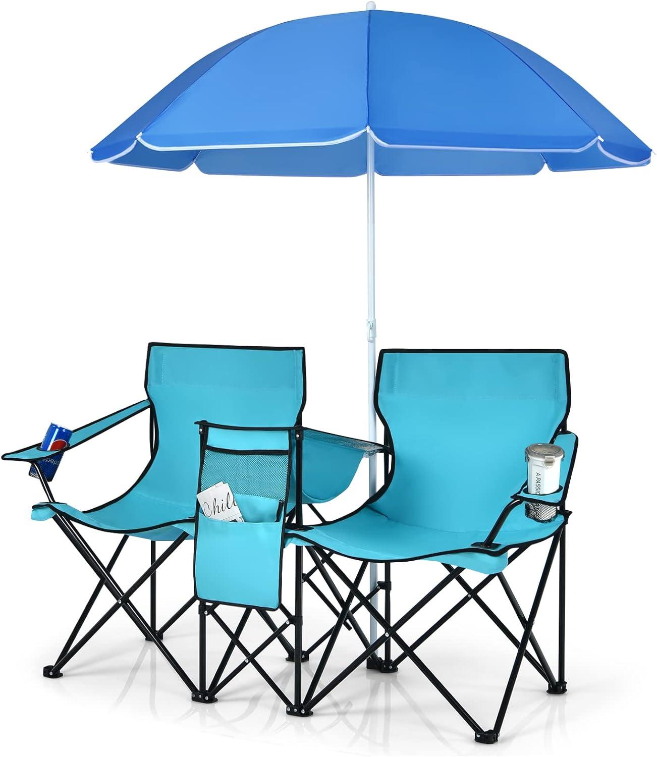 Portable Folding Picnic Double Chair W/Umbrella Table Cooler Beach Camping Turquoise