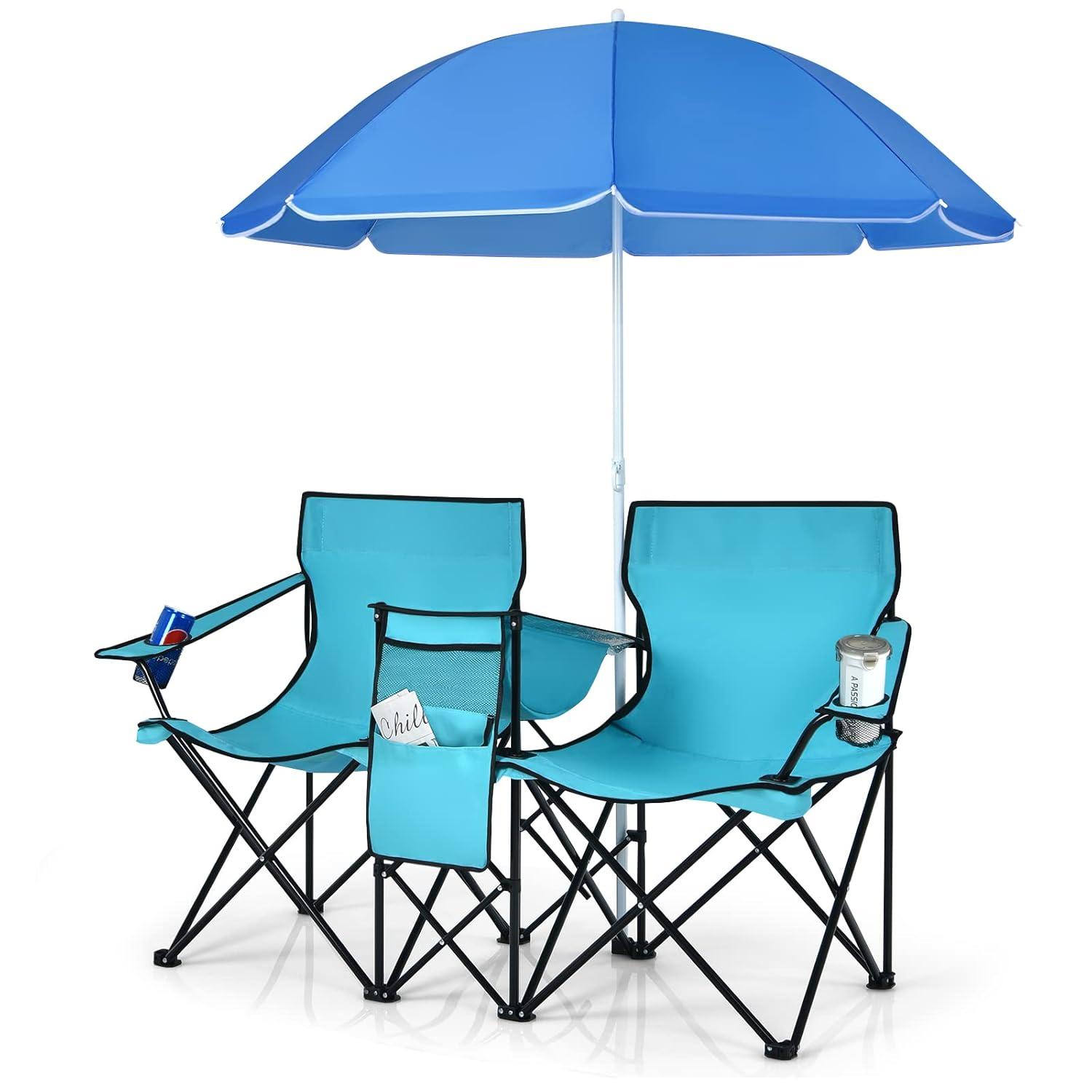Portable Folding Picnic Double Chair W/Umbrella Table Cooler Beach Camping Turquoise