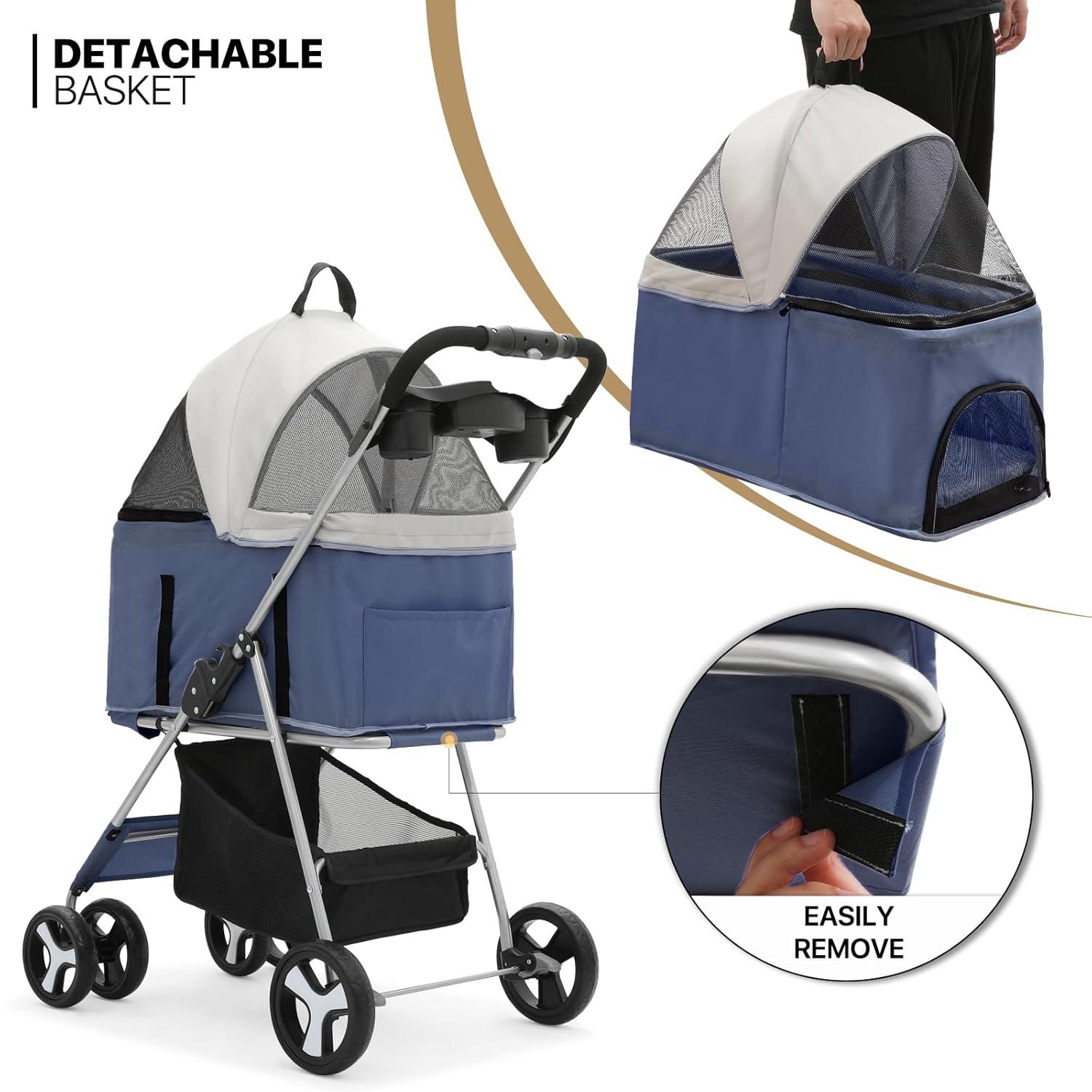 MoNiBloom 4 Wheel Foldable Dog Pet Stroller with Cup Holder, Navy Blue