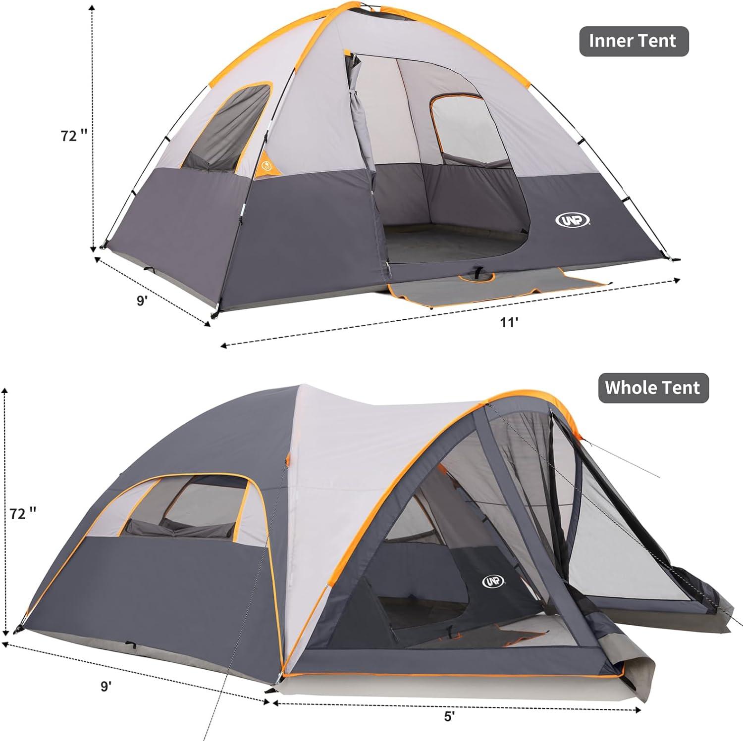 UNP Camping Tent with Screen Room, Portable 6 Person Camping Tent with Screen Porch, Family Dome Tent for Camping Outdoor - 14'x11'x72''(H)