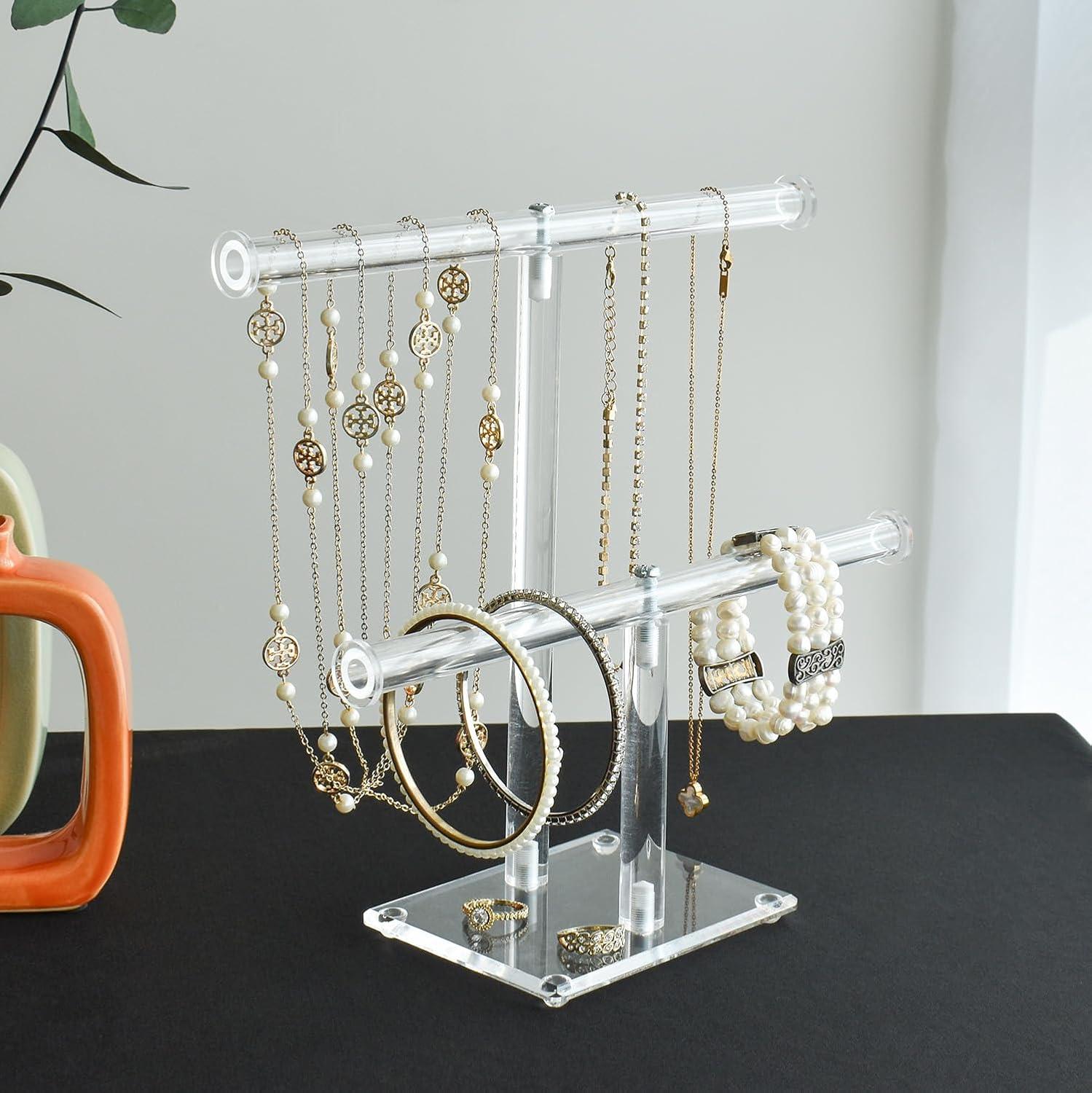 Premium Jewelry Stand , Solid Clear 2-Tier Acrylic Jewelry Organizer Stand & Bracelet holder Stand for Necklace Display, Ring & Watch Display