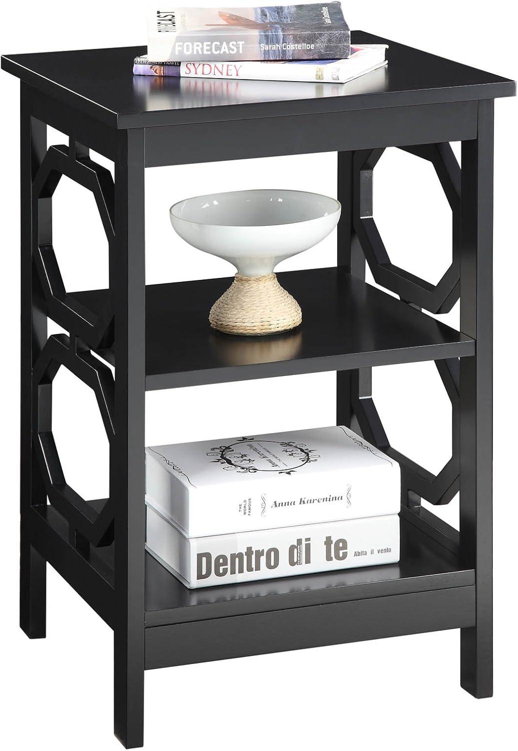 Omega Black Wood Round End Table with Geometric Shelves