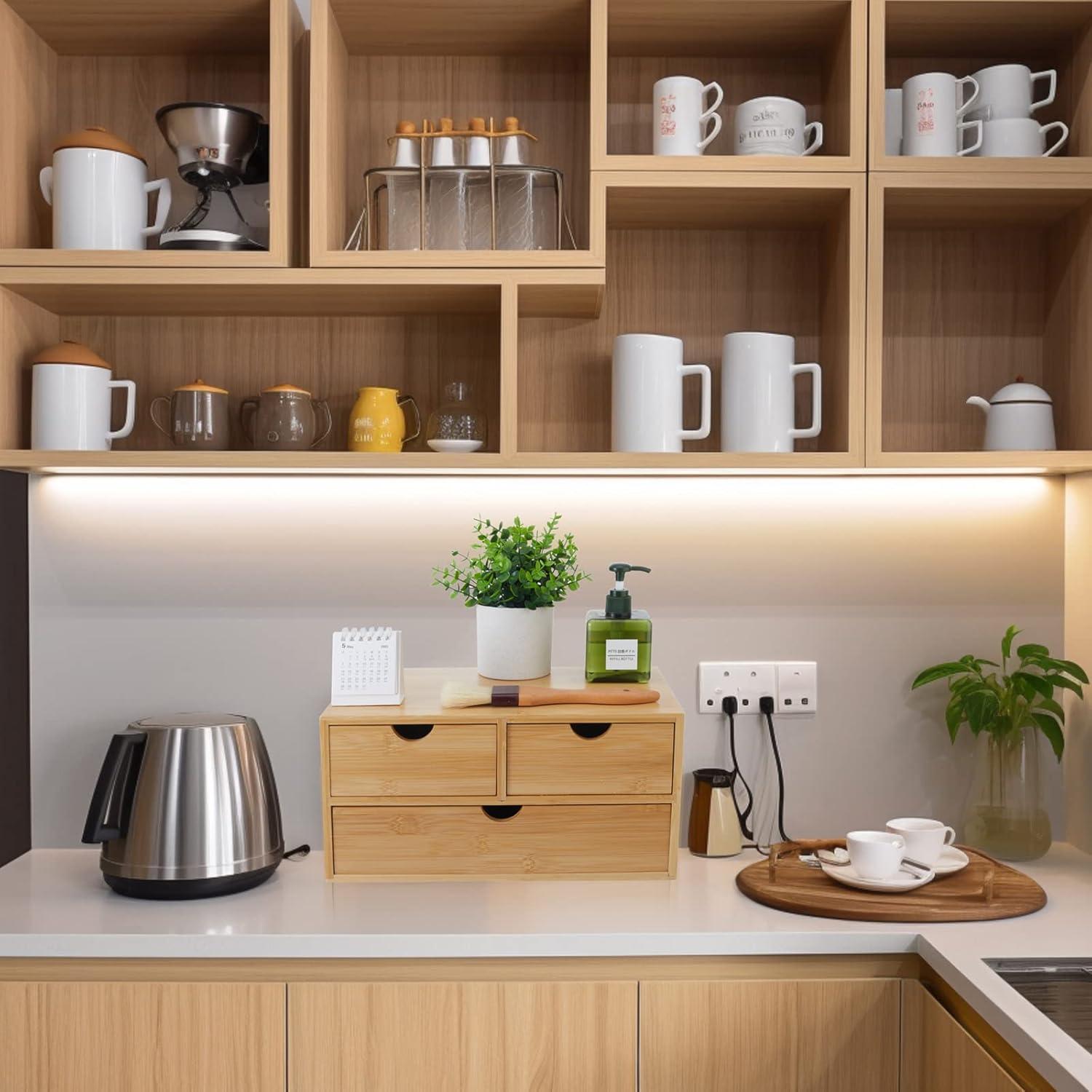 Bamboo Desk Organizer with 3 Drawers, Countertop Organizer with Drawers Makeup Storage Drawer 3 Drawers Tabletop Storage Organization Box Home Office Workspace