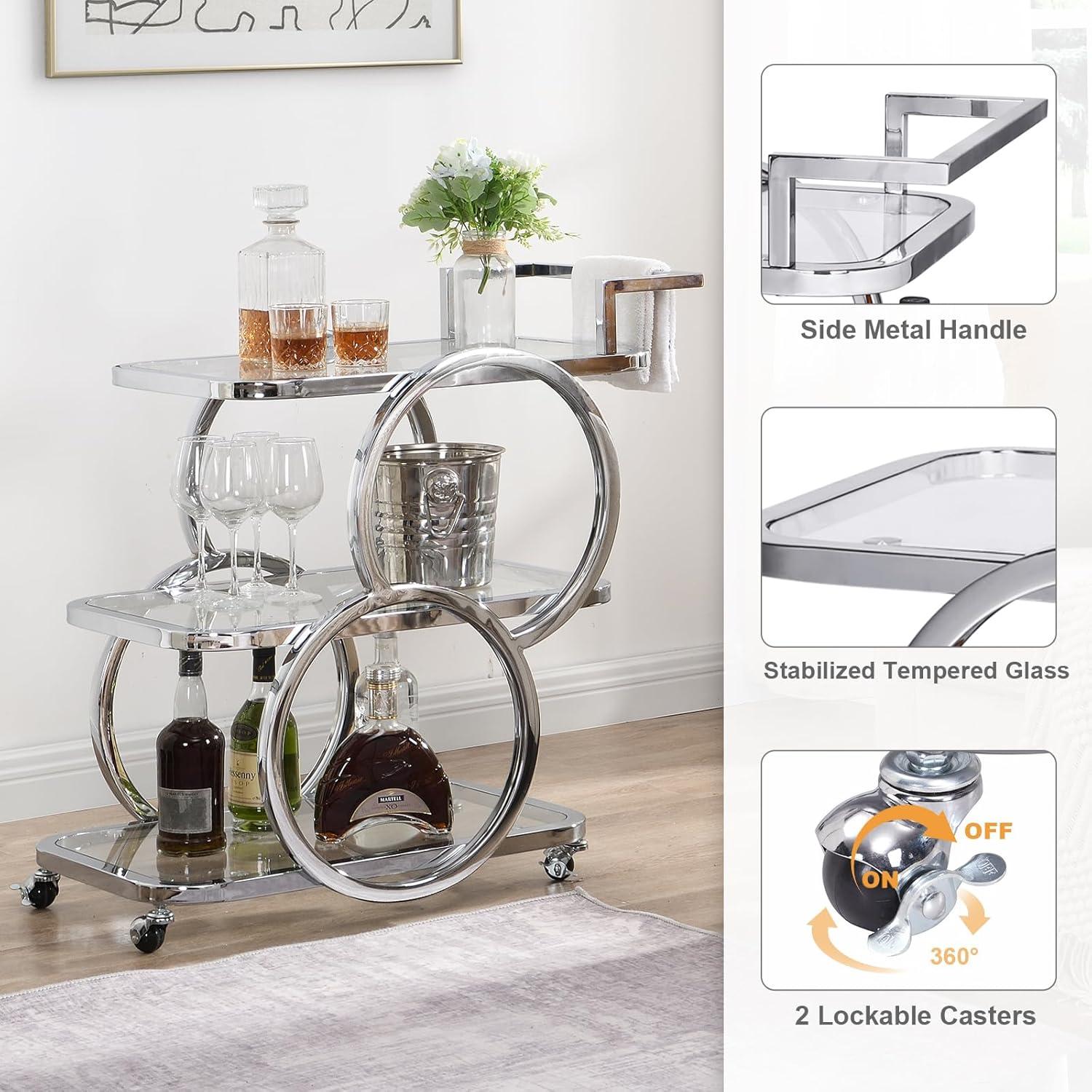 Silver Chrome 3-Tier Glass Bar Cart with Storage