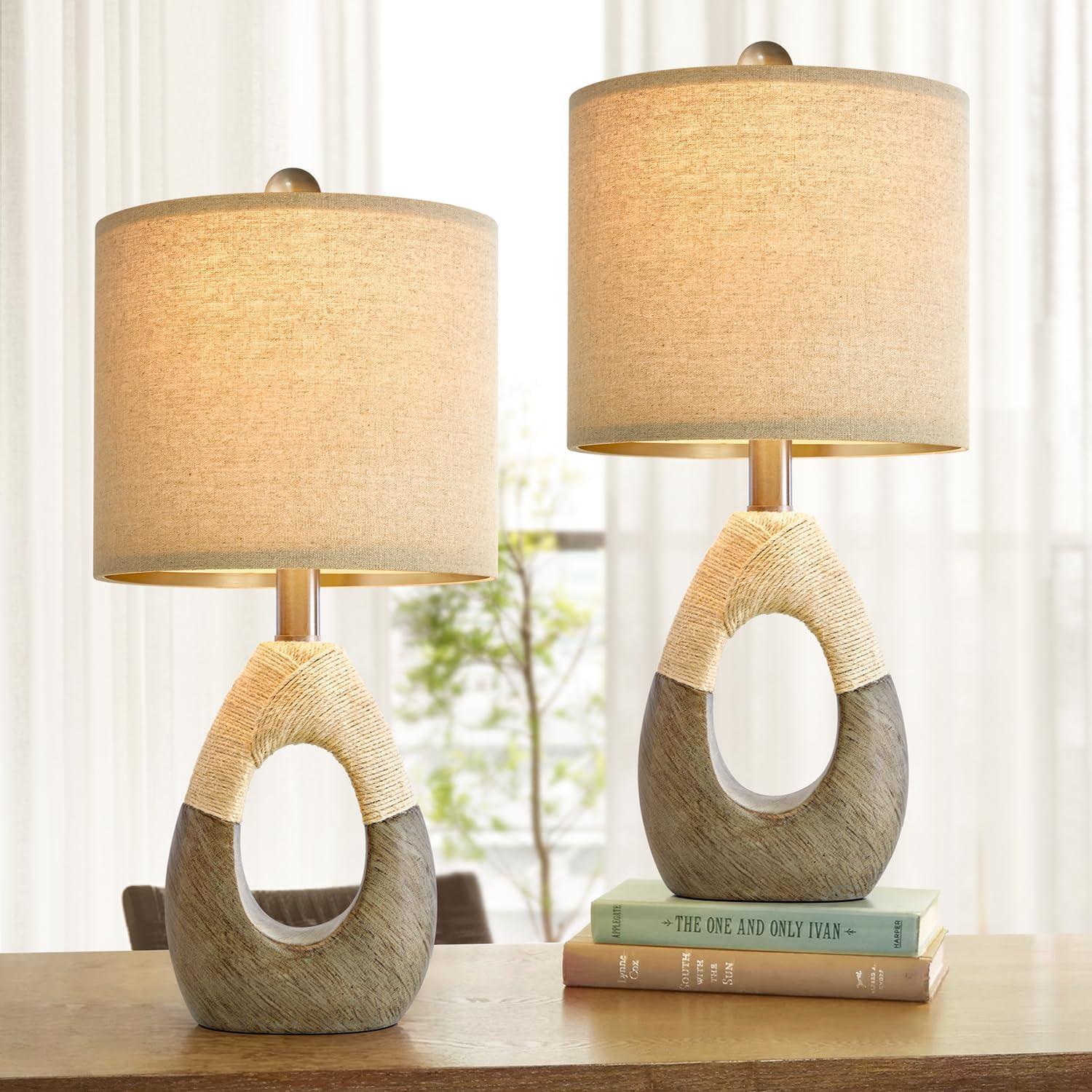 OYEARS 19” Boho Table Lamps Bedroom Living Room Set 2,Suitable for Small Space,Small Farmhouse RattanTable Lamp Rustic Egg Design Resin Light Decoration,Nightstand Bedside Lamps for Office Study Rest