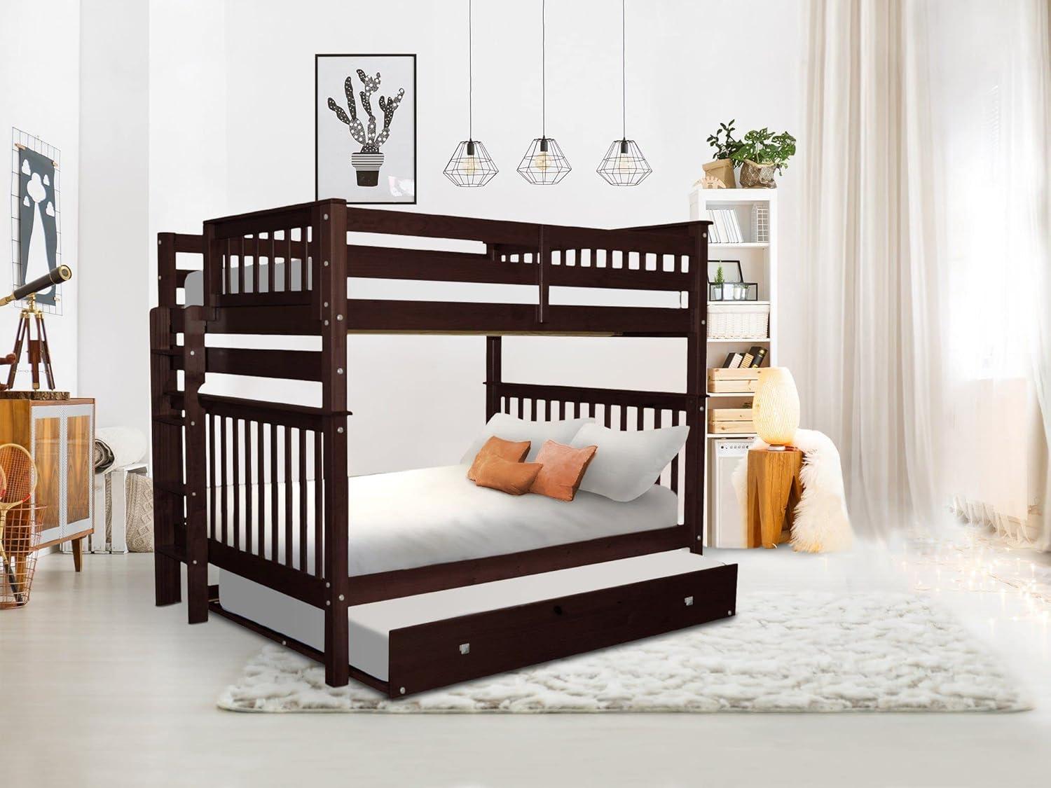 Bedz King Bunk Beds Full over Full Mission Style with End Ladder and a Full Trundle, Dark Cherry