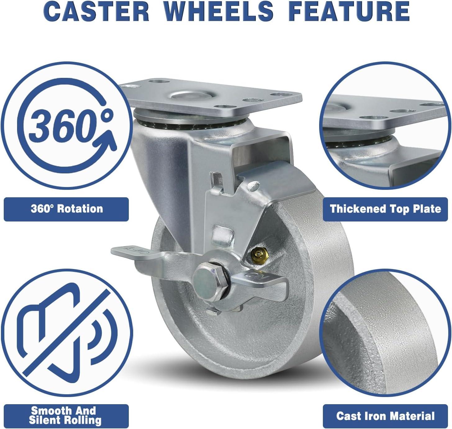 Tool Box Caster Wheel Set – 4 Inch Semi Steel Cast Iron Swivel Casters – SCC