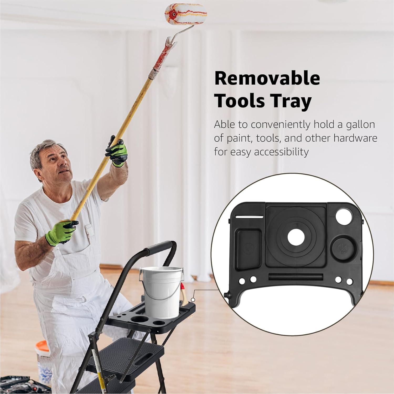 4-Step Ladder with Tool Platform, Wide Anti-Slip Platform & Thick Rubber Feet - Lightweight Heavy Duty Foldable & Portable - 330 lbs Capacity, Rubber Handgrip, Folding Step Stool - Black