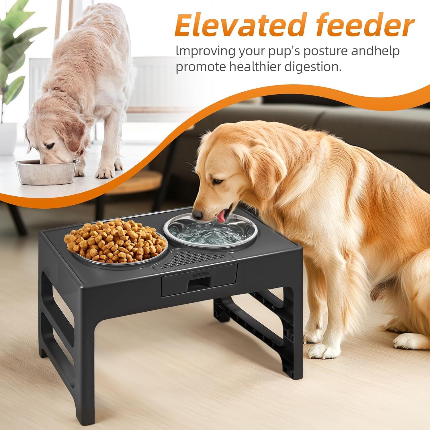 Adjustable Black Particle Board Raised Dog Bowls with Stainless Steel Bowls