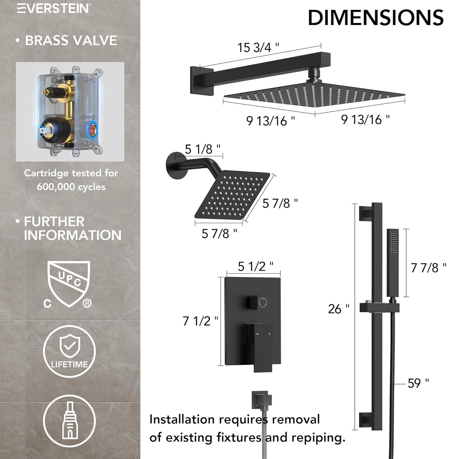 EVERSTEIN DualJetSpa 10-Inch High-Pressure Rainfall Shower Faucet with Handheld Spray, Wall Mount Dual Showerheads System with Slide Bar and Rough-in Valve SFS-1059-BK10