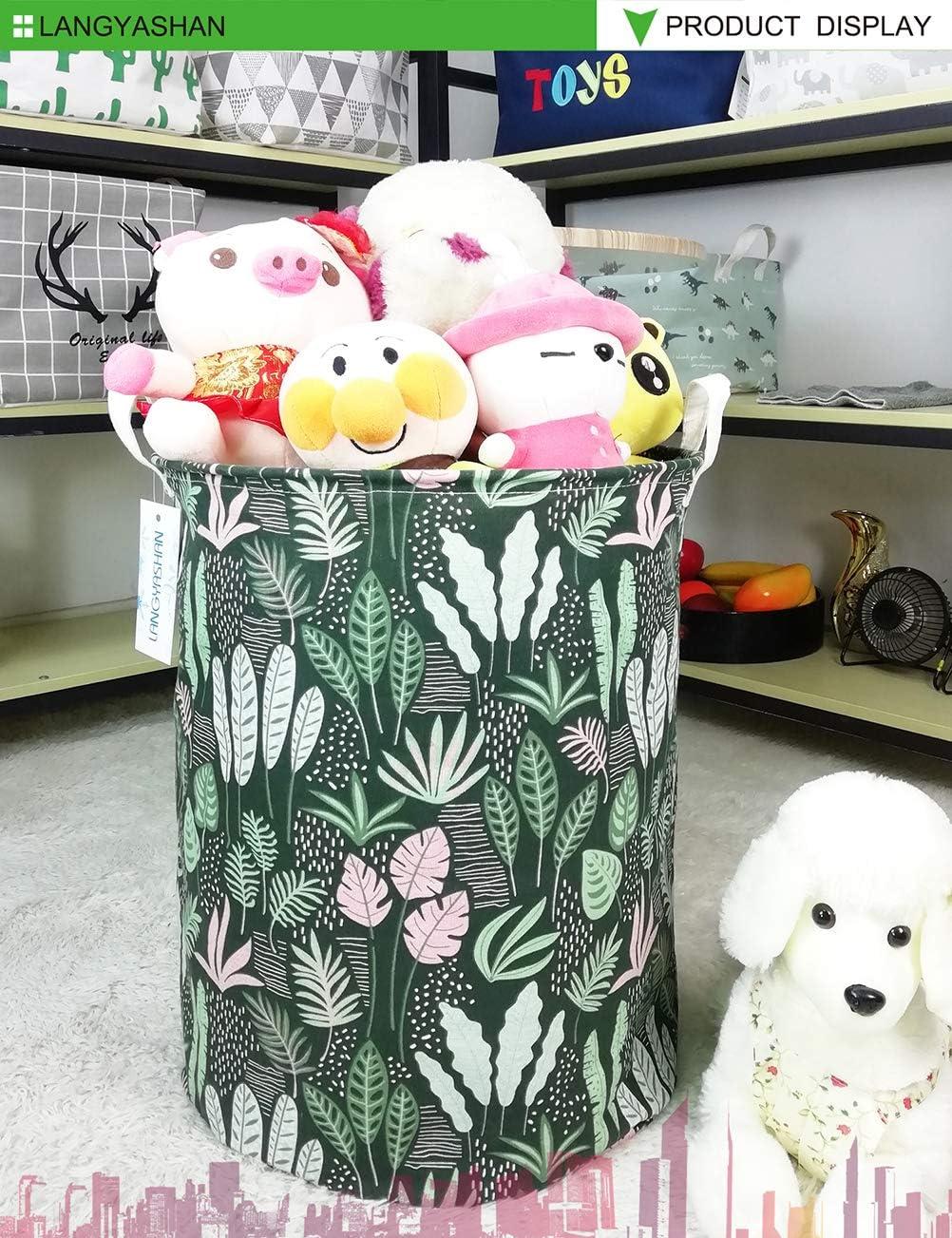 LANGYASHAN Laundry Basket Canvas Fabric Collapsible Organizer Basket for Storage Bin Toy Bins Gift Baskets Bedroom Clothes Children Nursery Hamper (Round Leaf)