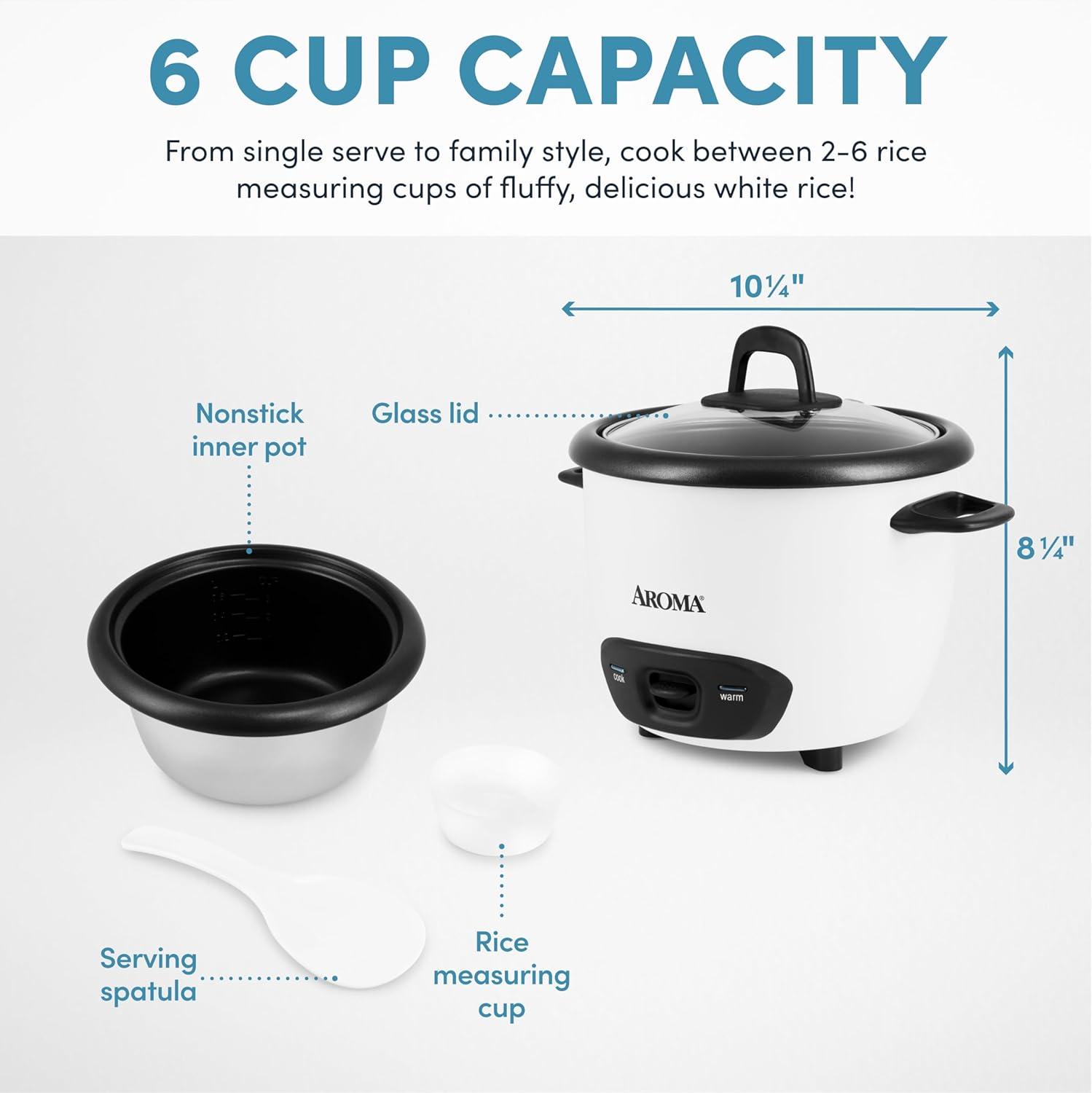 AROMA® 6-Cup (Cooked) / 1.5Qt. Rice & Grain Cooker, White, New, ARC-743G