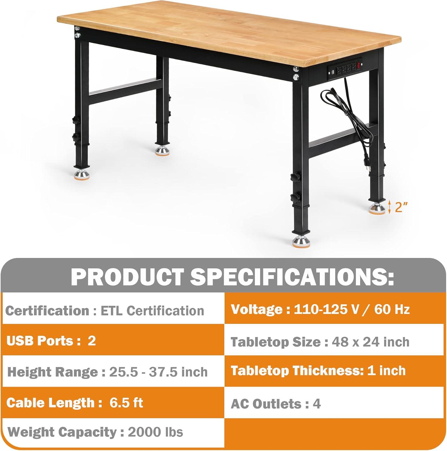 Solid Wood Top Height-Adjustable Workbench