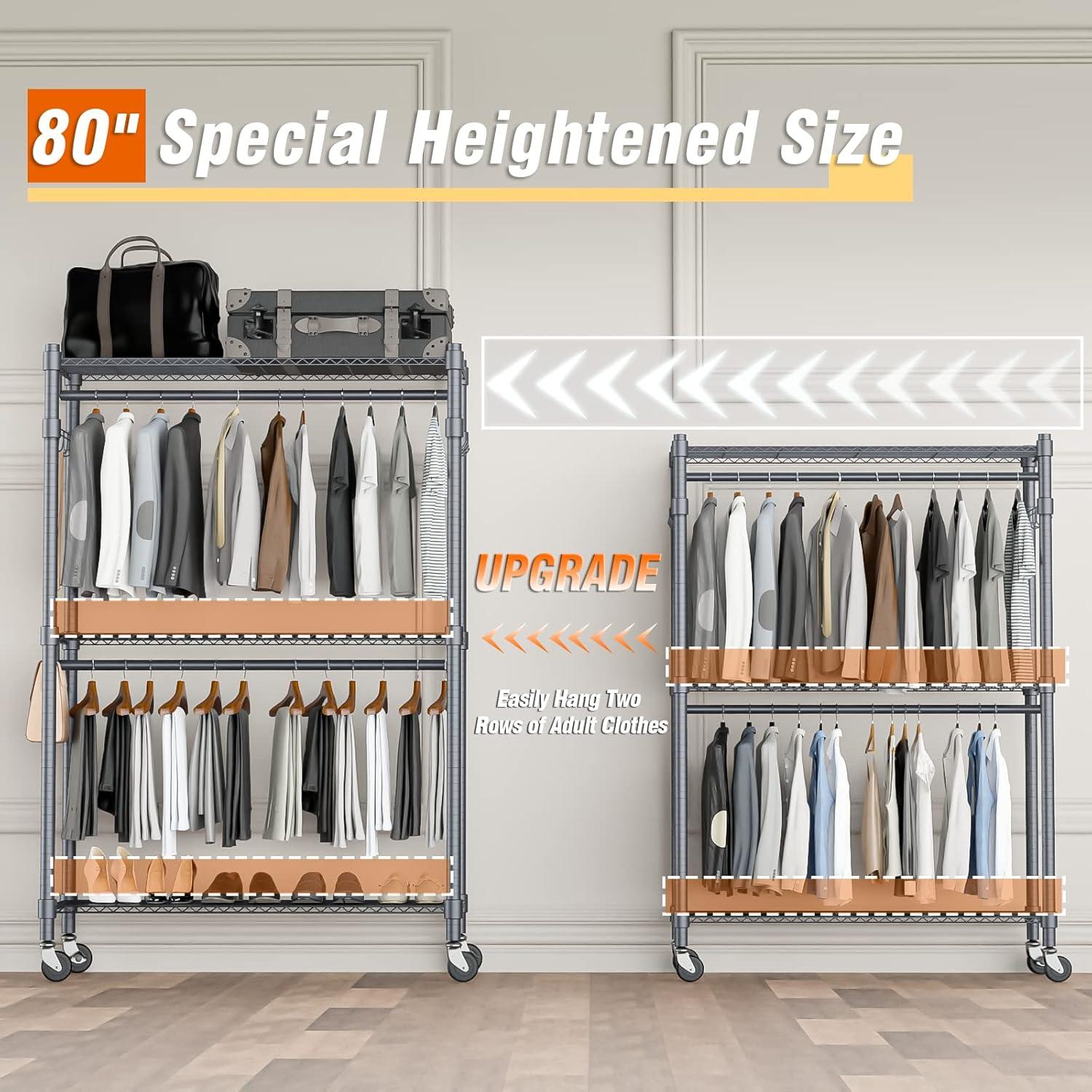 Gray Industrial Metal 3-Shelf Rolling Garment Rack with Hooks