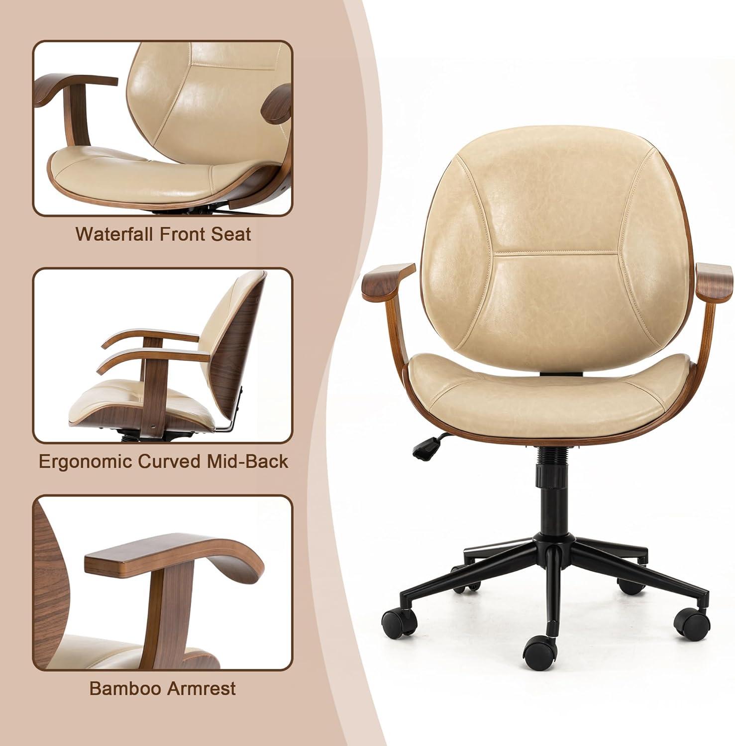 Glitzhome Leather Home Office Chair with Arm, Mid-Back Adjustable Executive Swivel Desk Task Chair,Beige