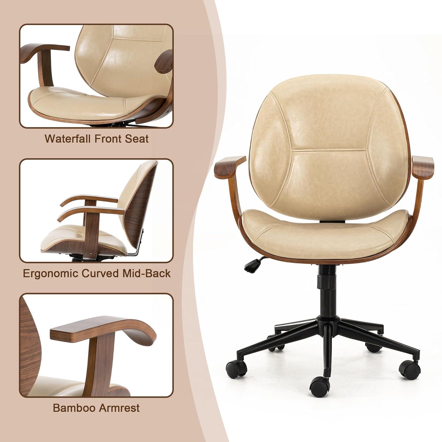 Glitzhome Leather Home Office Chair with Arm, Mid-Back Adjustable Executive Swivel Desk Task Chair,Beige
