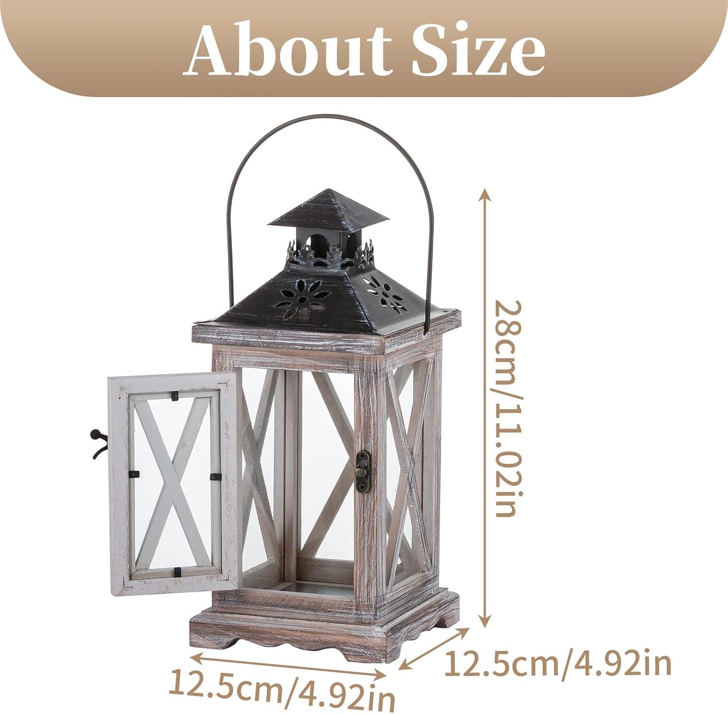 Distressed White Pine Wood Hanging Lantern with Metal Top