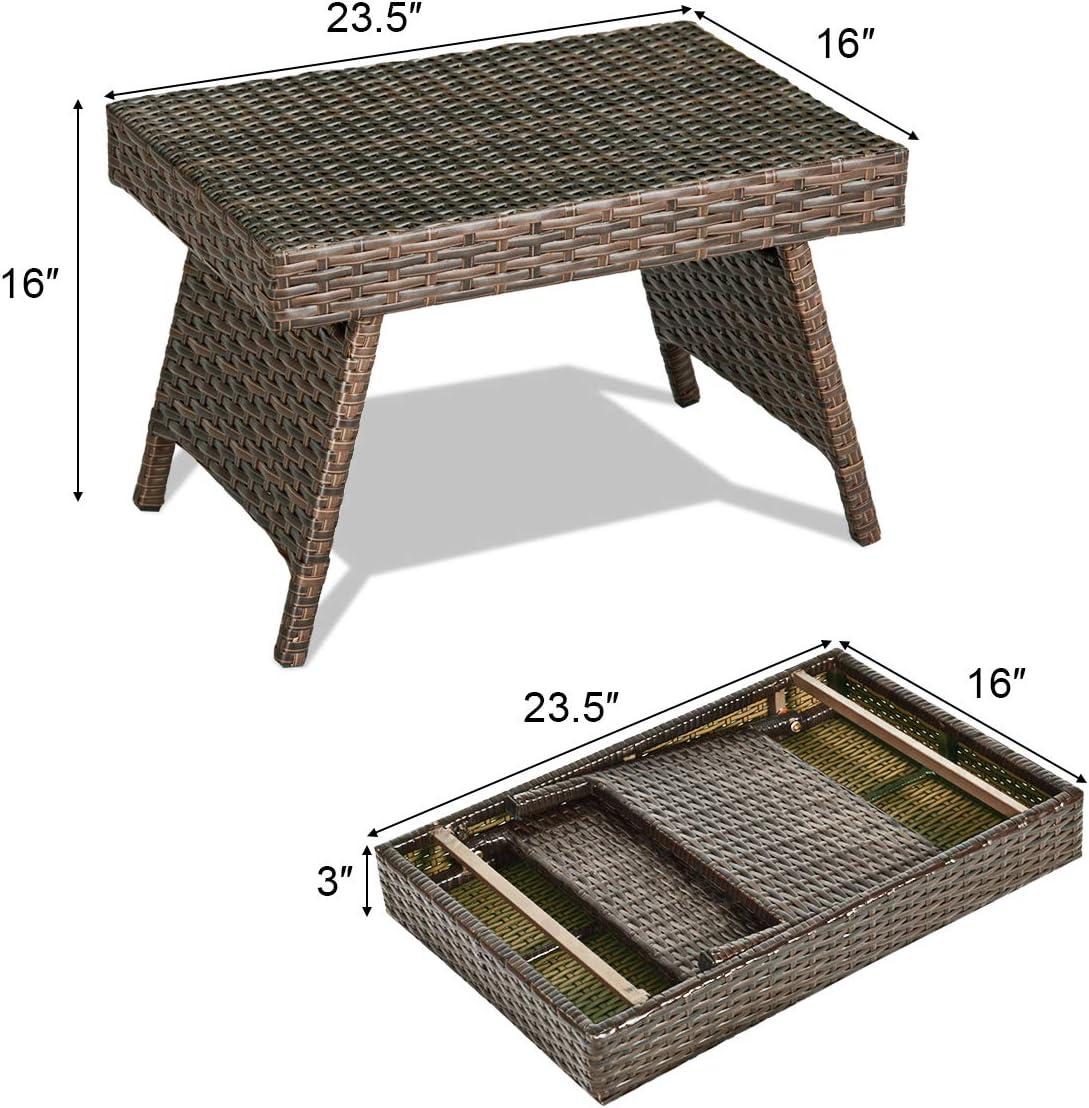 Compact Foldable Brown PE Rattan Side Table with Steel Frame