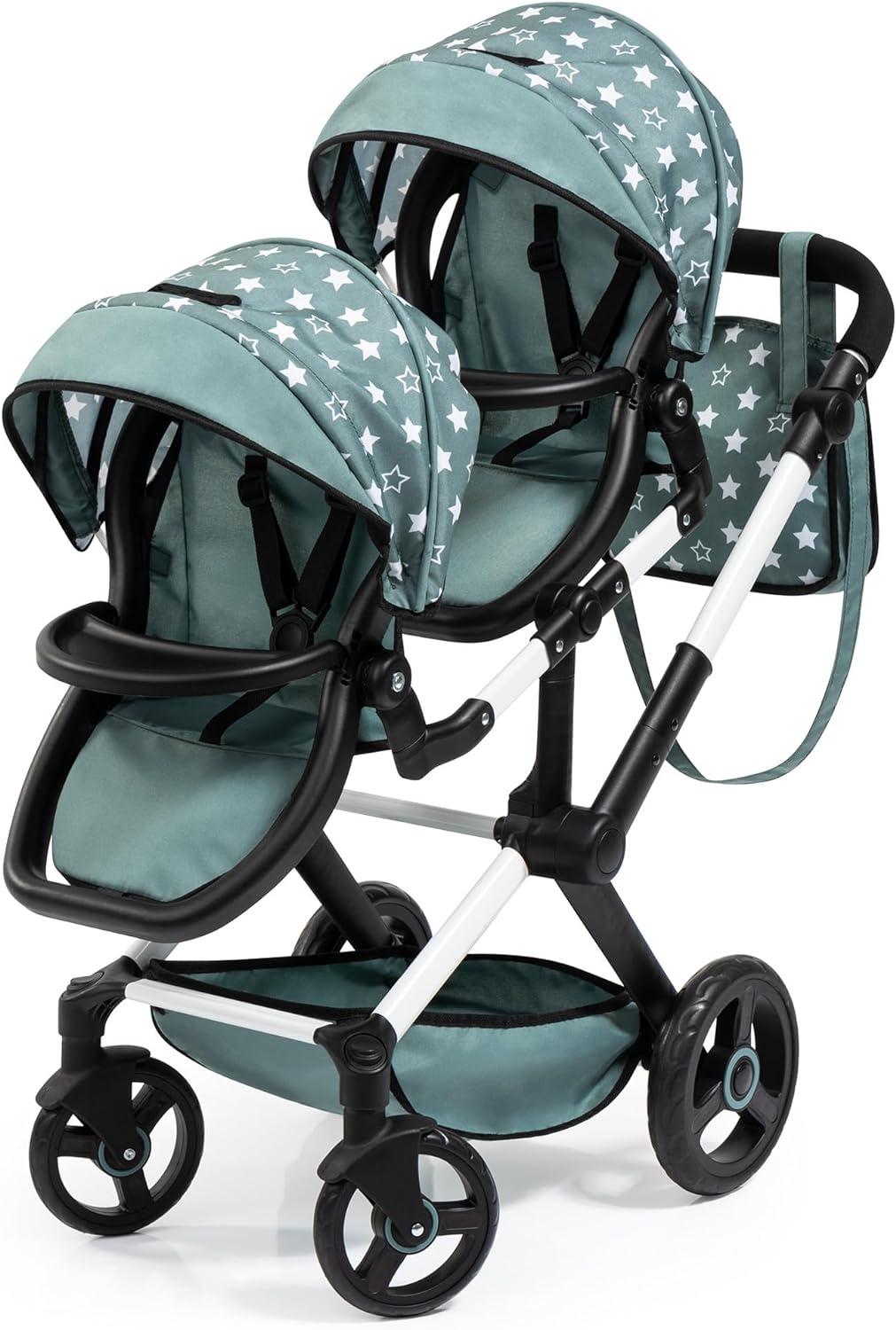 Bayer Design Dolls: Pram Xeo Twin W/ Shoulder Bag, Green & White Stars
