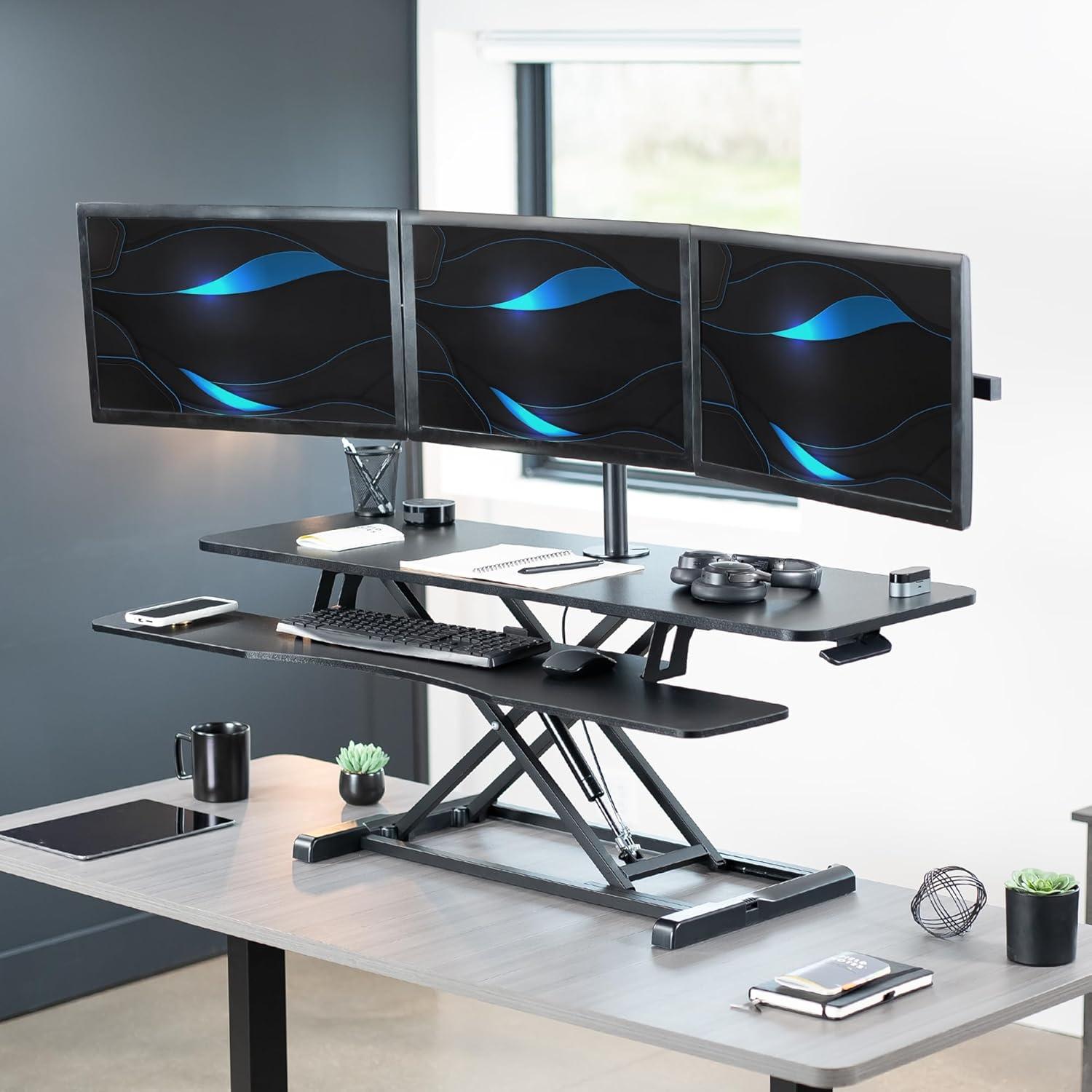 VIVO Black 48" Standing Desk Riser with Triple 21.5" to 27" Monitor Mount