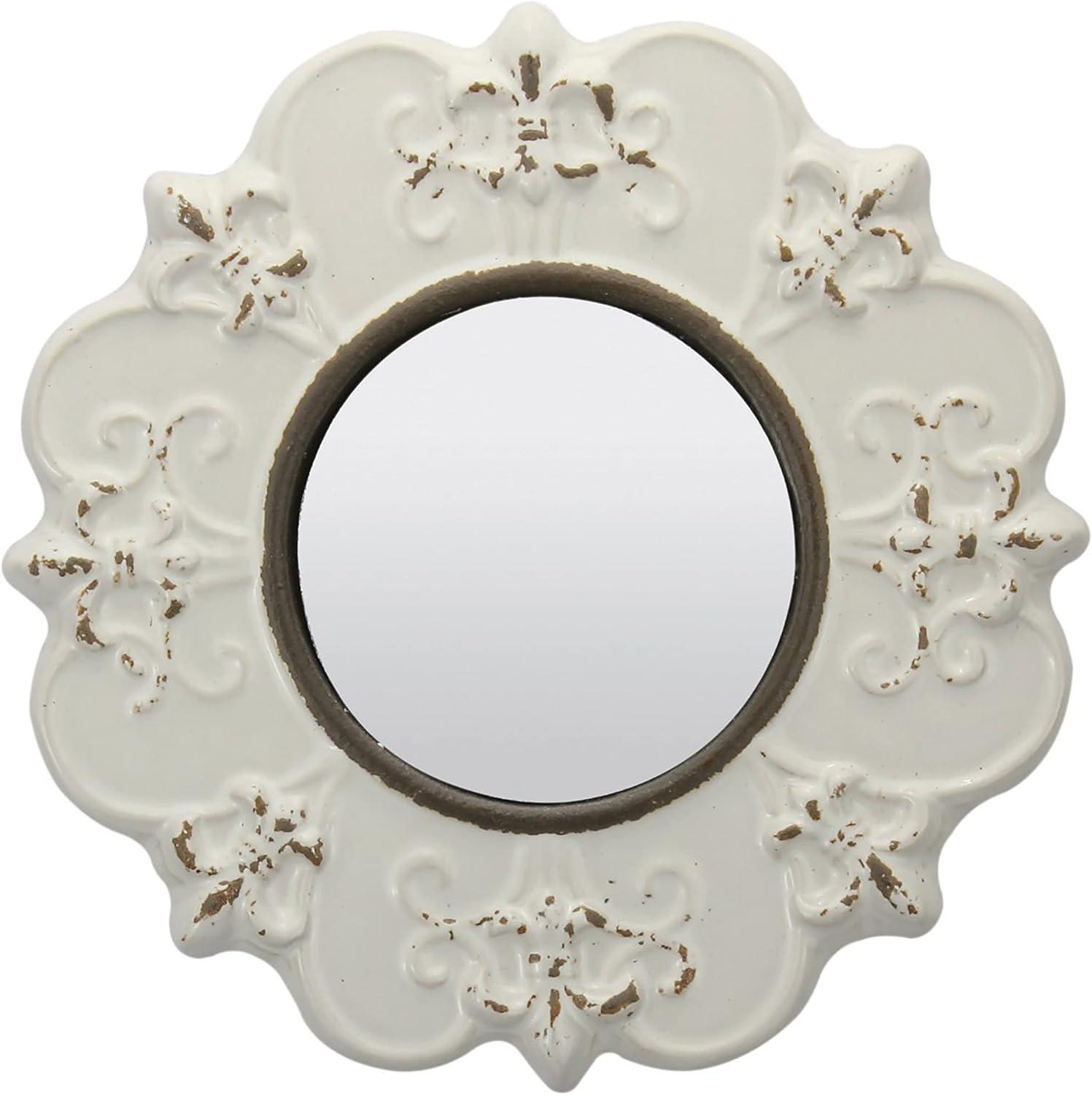 Antique White 8" Round Ceramic Fleur de Lis Wall Mirror