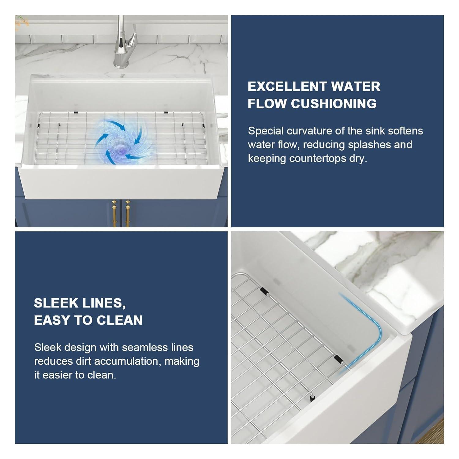 33"L x 20"W Farmhouse Kitchen Sink Deep Single Bowl Fireclay Workstation Sink with Cutting Board and Dish Drying Rack